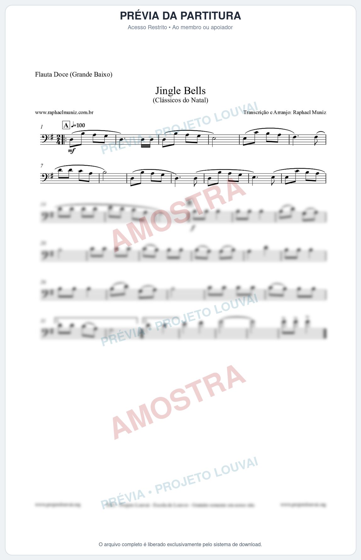 Prévia protegida da primeira página da partitura Partitura para Flauta Doce (Grande Baixo) - Jingle Bells (Bate o Sino) - Músicas de Natal