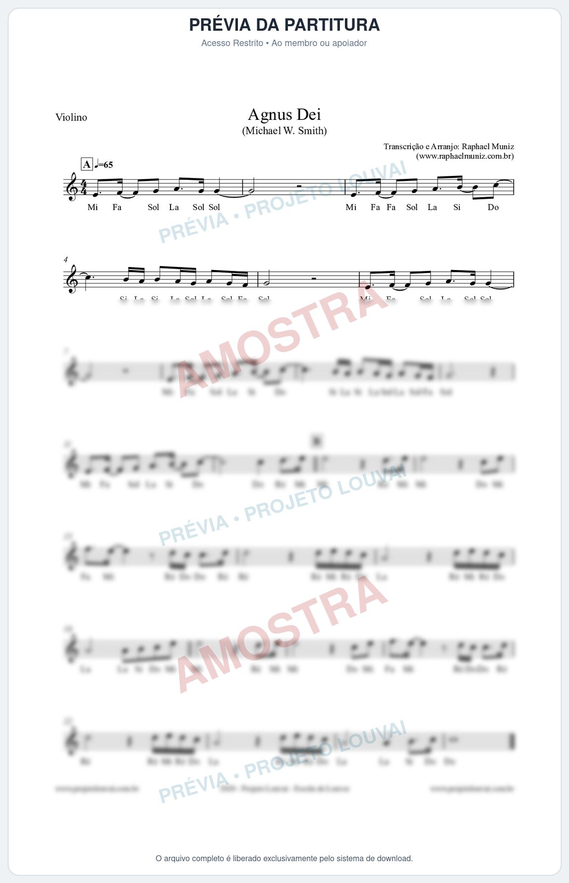 Prévia protegida da primeira página da partitura Partitura para Violino - Agnus Dei (Cifra Melódica) - Michael Smith