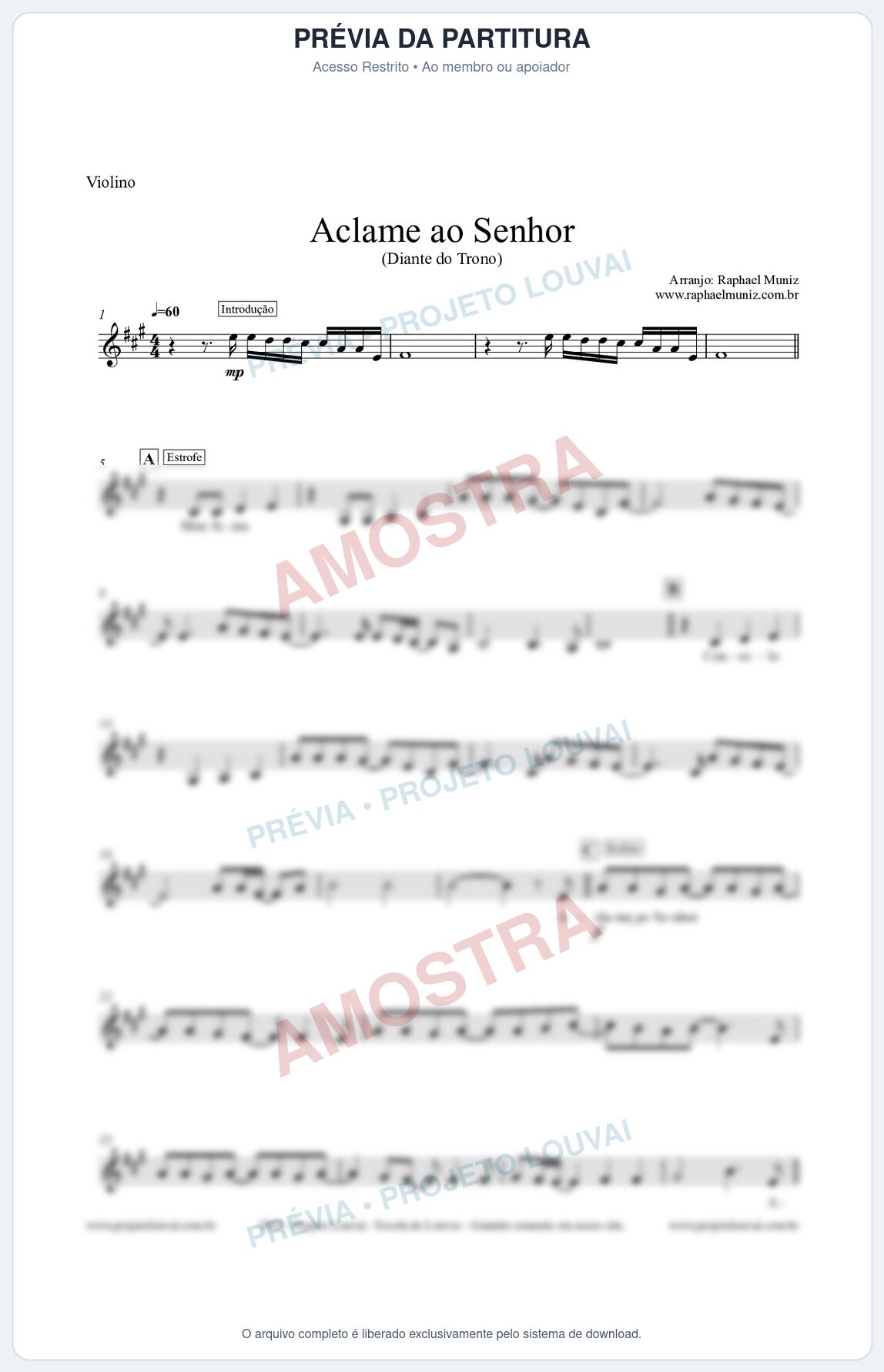 Prévia protegida da primeira página da partitura Partitura para Violino - Aclame ao Senhor - Diante do Trono