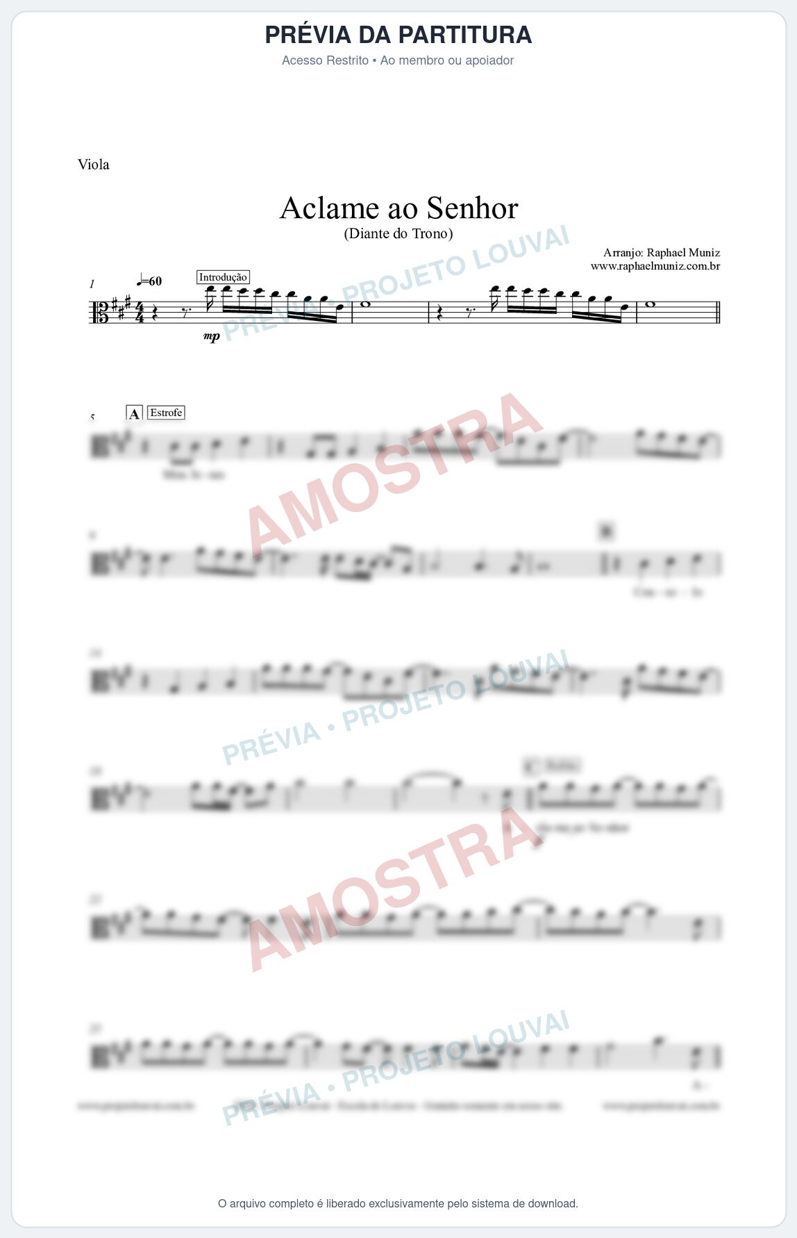 Prévia protegida da primeira página da partitura Partitura para Viola - Aclame ao Senhor - Diante do Trono