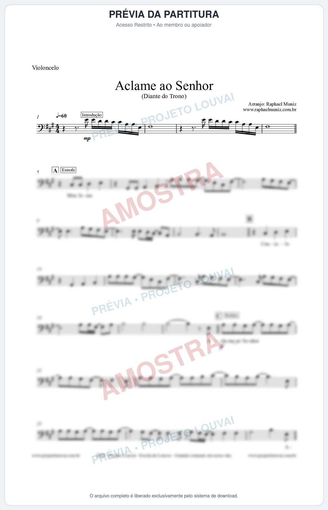 Prévia protegida da primeira página da partitura Partitura para Violoncelo - Aclame ao Senhor - Diante do Trono