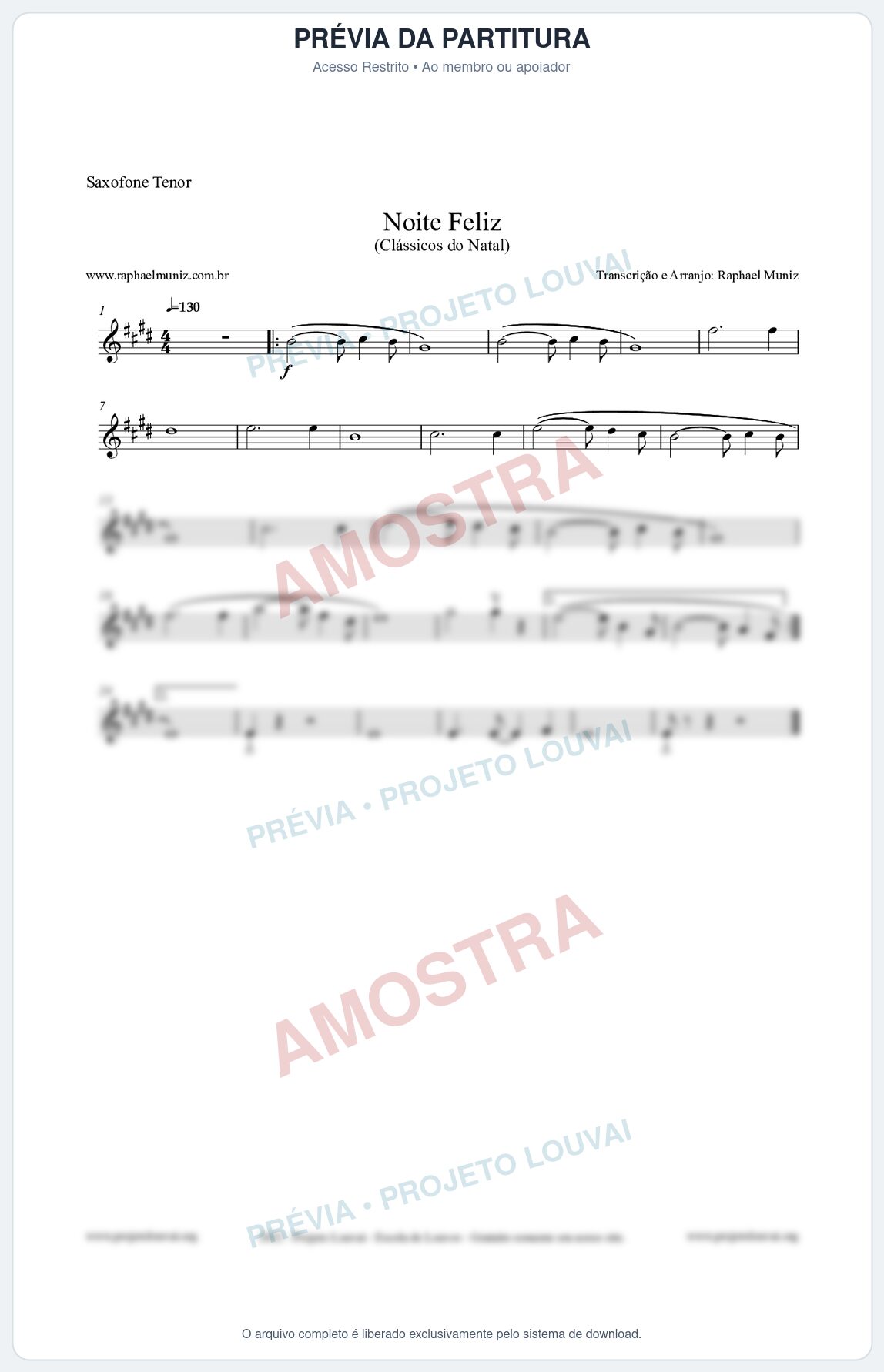 Prévia protegida da primeira página da partitura Partitura para Saxofone Tenor - Noite Feliz (Silent Night) - Versão 2 - Músicas de Natal