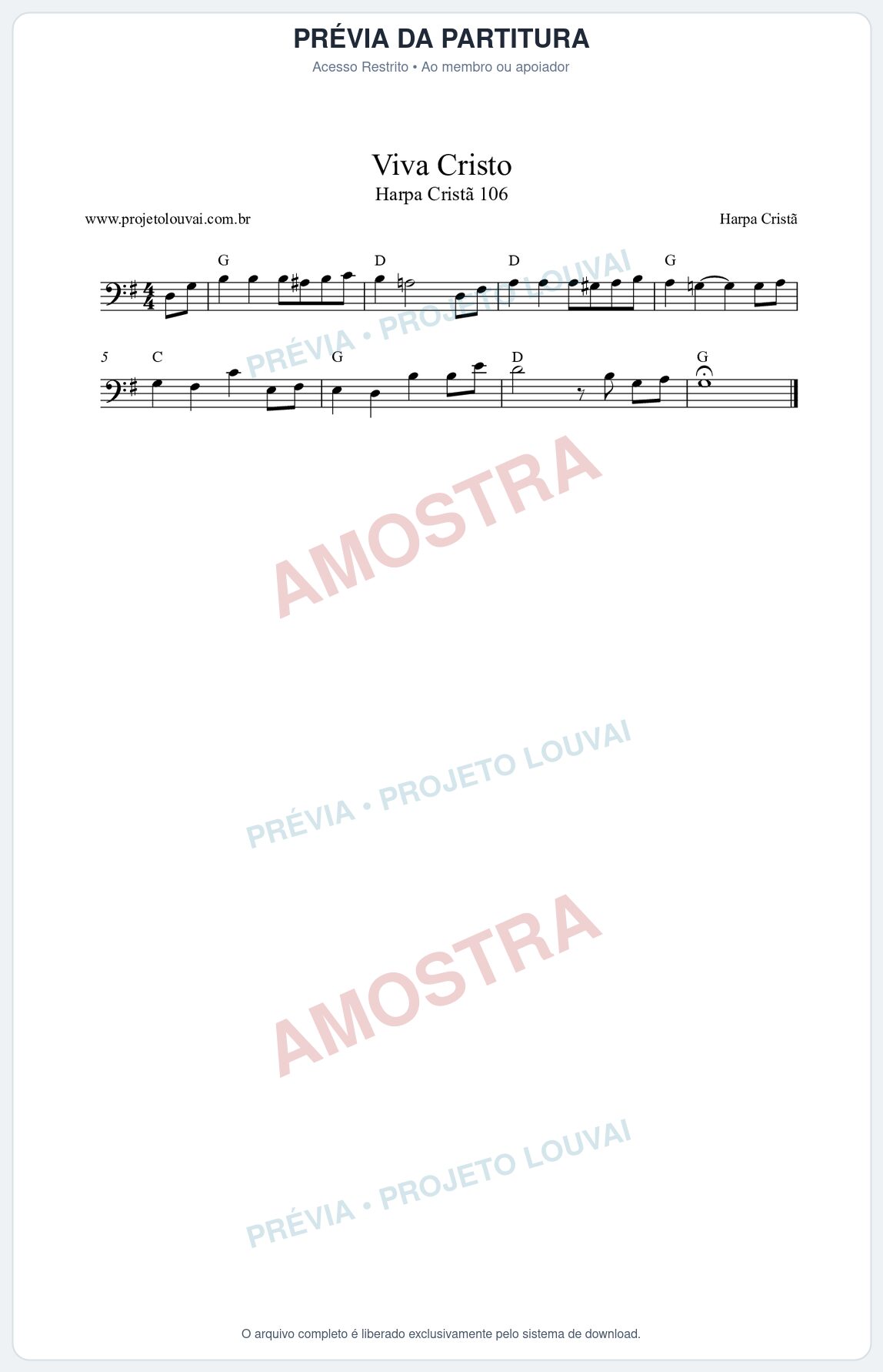 Prévia protegida da primeira página da partitura Partitura da música Viva Cristo (Harpa Cristã nº106) - Harpa Cristã - Tom G
