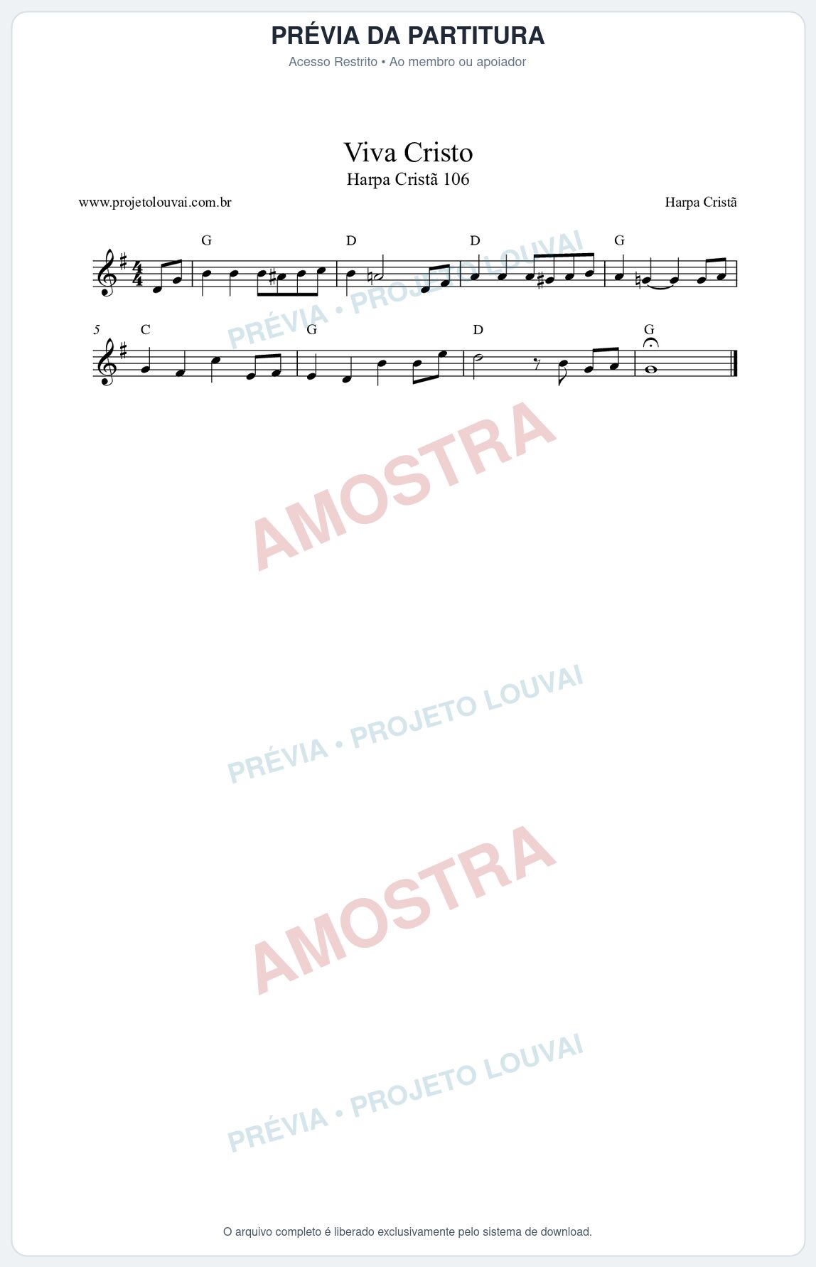 Prévia protegida da primeira página da partitura Partitura da música Viva Cristo (Harpa Cristã nº106) - Harpa Cristã - Tom G
