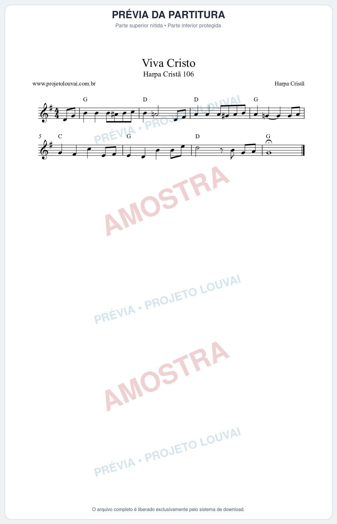 Prévia protegida da primeira página da partitura Partitura da música Viva Cristo (Harpa Cristã nº106) - Harpa Cristã - Tom G