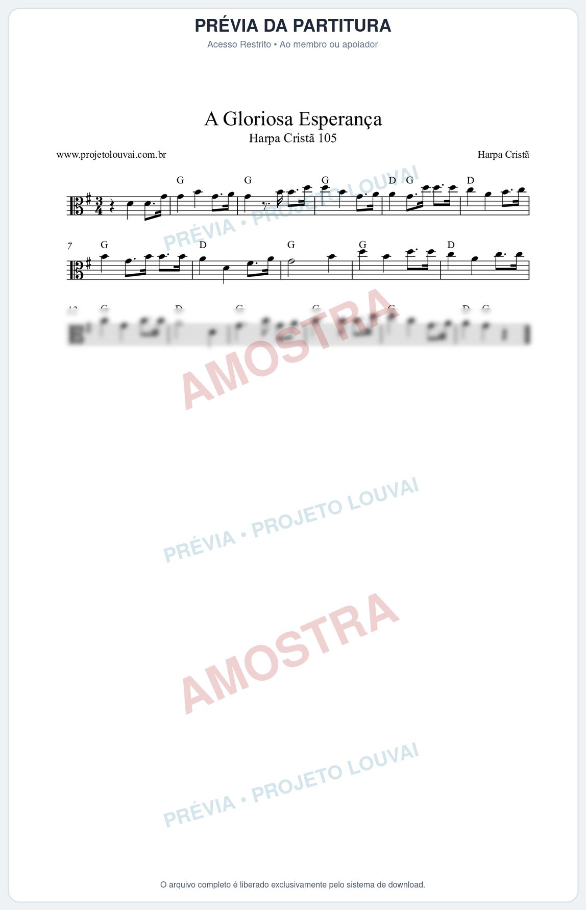 Prévia protegida da primeira página da partitura Partitura da música A Gloriosa Esperança (Harpa Cristã nº105) - Harpa Cristã - Tom G