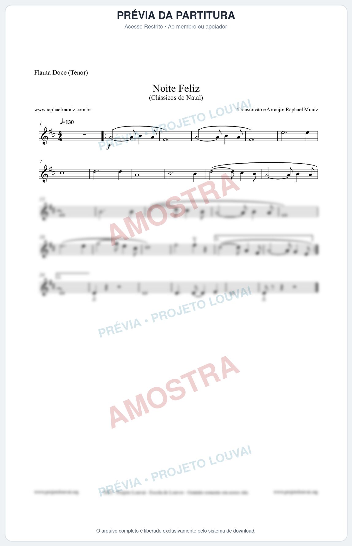 Prévia protegida da primeira página da partitura Partitura para Flauta Doce (Tenor) - Noite Feliz (Silent Night) - Versão 2 - Músicas de Natal