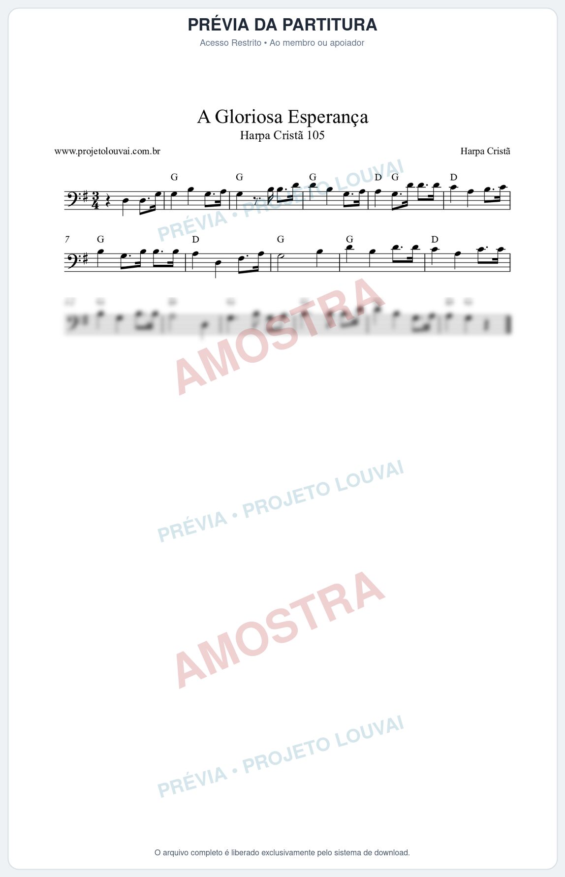 Prévia protegida da primeira página da partitura Partitura da música A Gloriosa Esperança (Harpa Cristã nº105) - Harpa Cristã - Tom G