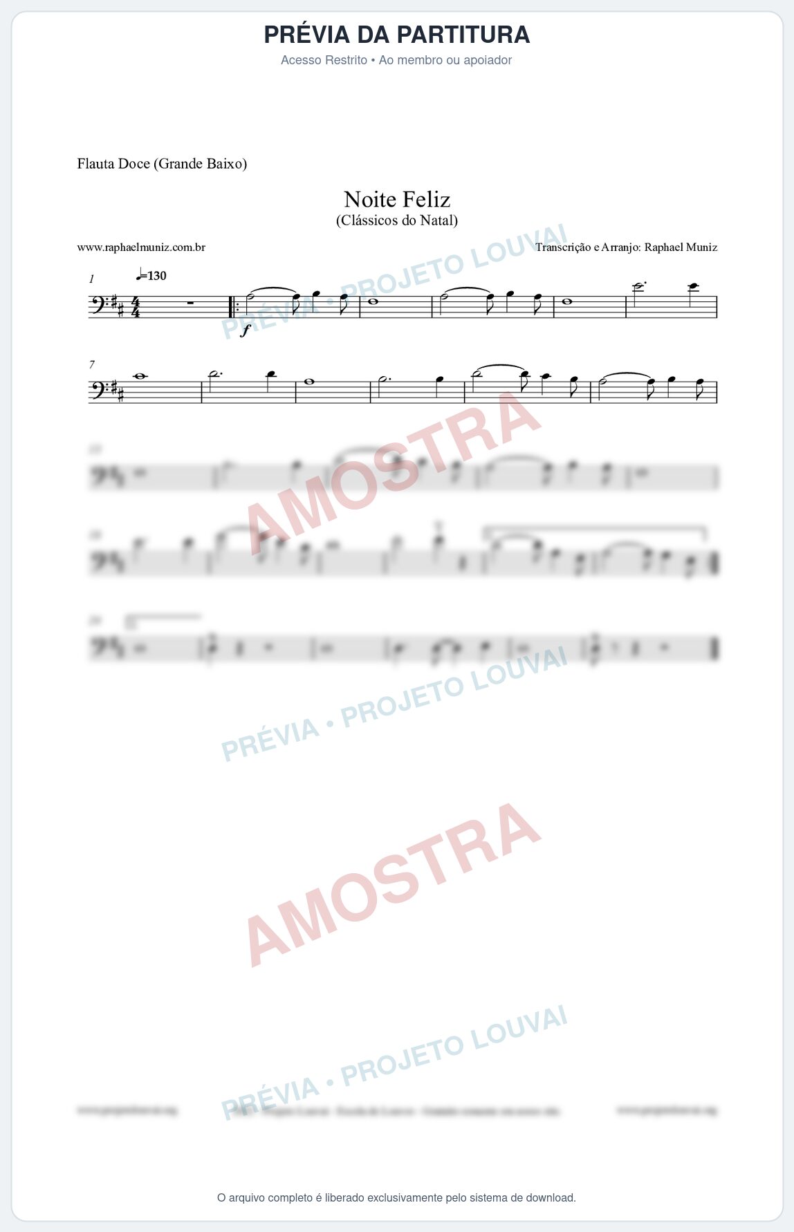 Prévia protegida da primeira página da partitura Partitura para Flauta Doce (Grande Baixo) - Noite Feliz (Silent Night) - Versão 2 - Músicas de Natal