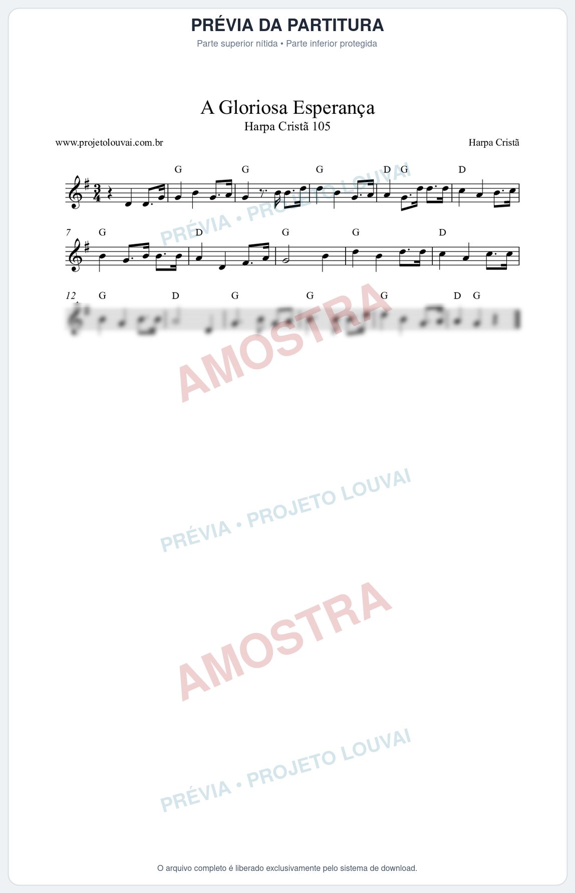 Prévia protegida da primeira página da partitura Partitura da música A Gloriosa Esperança (Harpa Cristã nº105) - Harpa Cristã - Tom G
