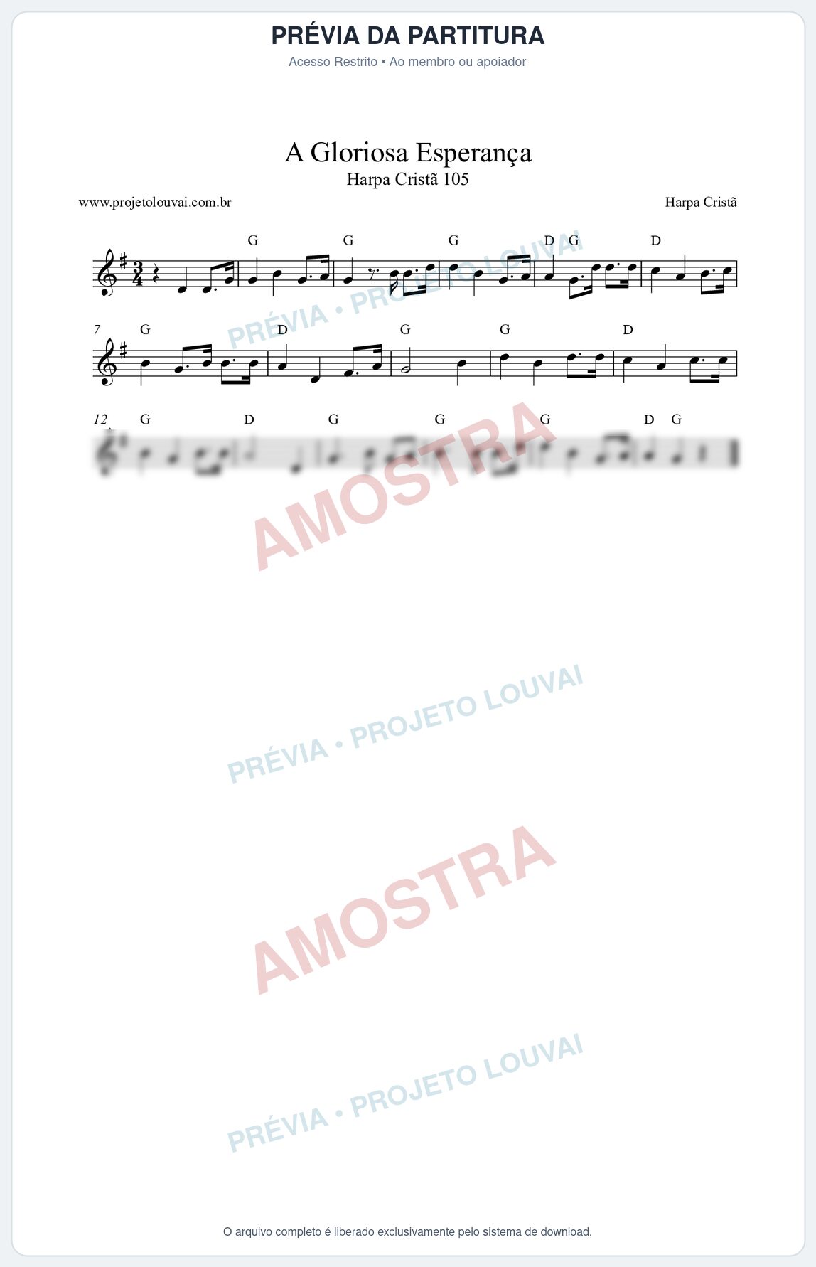 Prévia protegida da primeira página da partitura Partitura da música A Gloriosa Esperança (Harpa Cristã nº105) - Harpa Cristã - Tom G