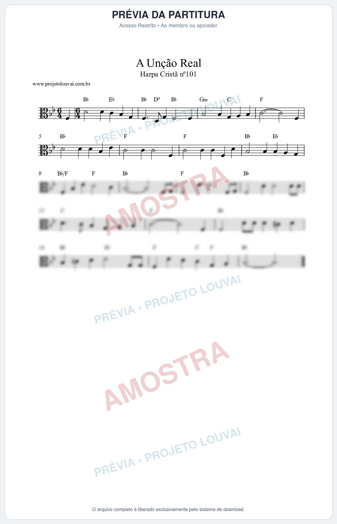Prévia protegida da primeira página da partitura Partitura da música A Unção Real (Harpa Cristã nº101) - Harpa Cristã - Tom Bb