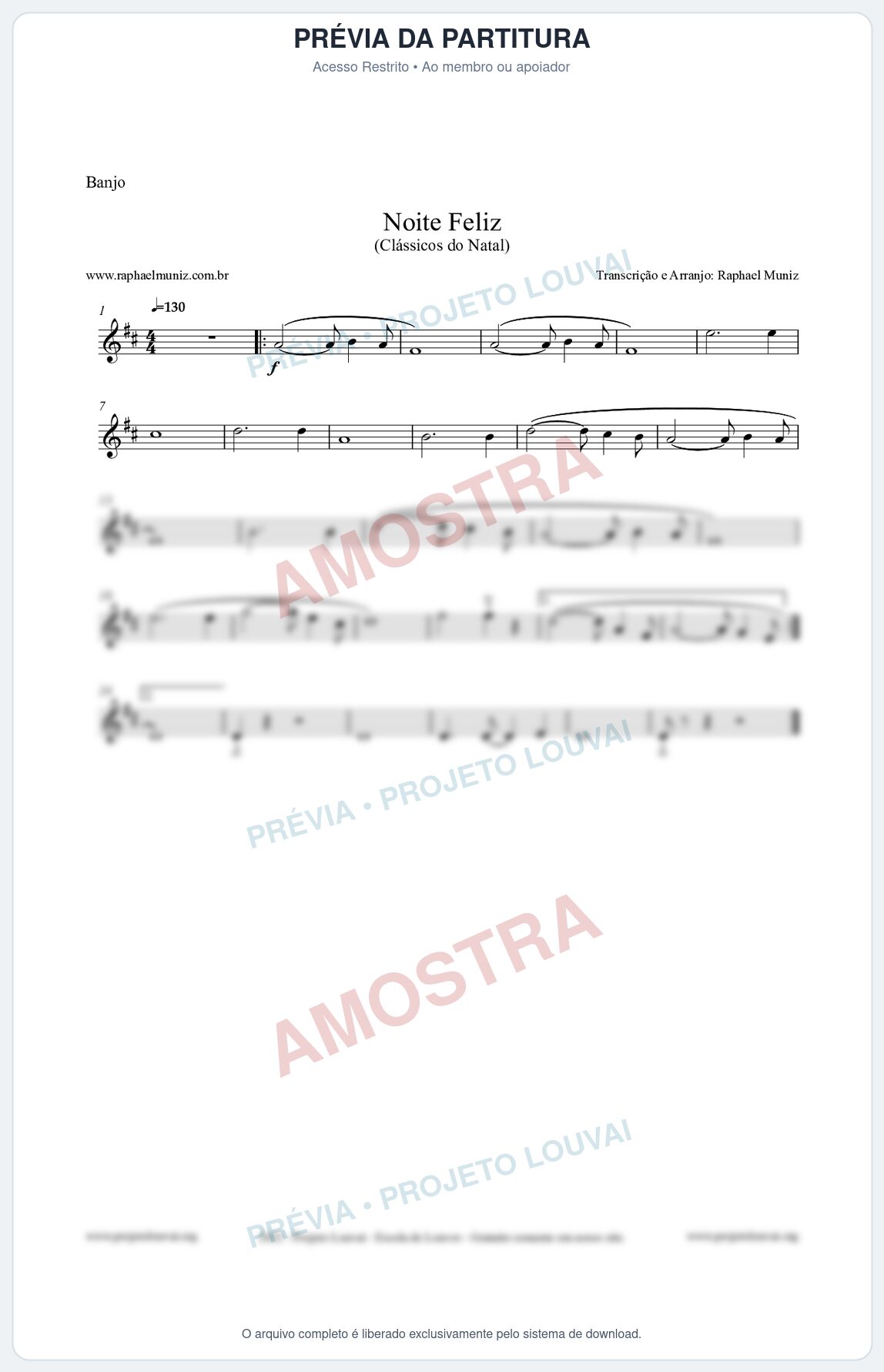 Prévia protegida da primeira página da partitura Partitura para Banjo - Noite Feliz (Silent Night) - Versão 2 - Músicas de Natal