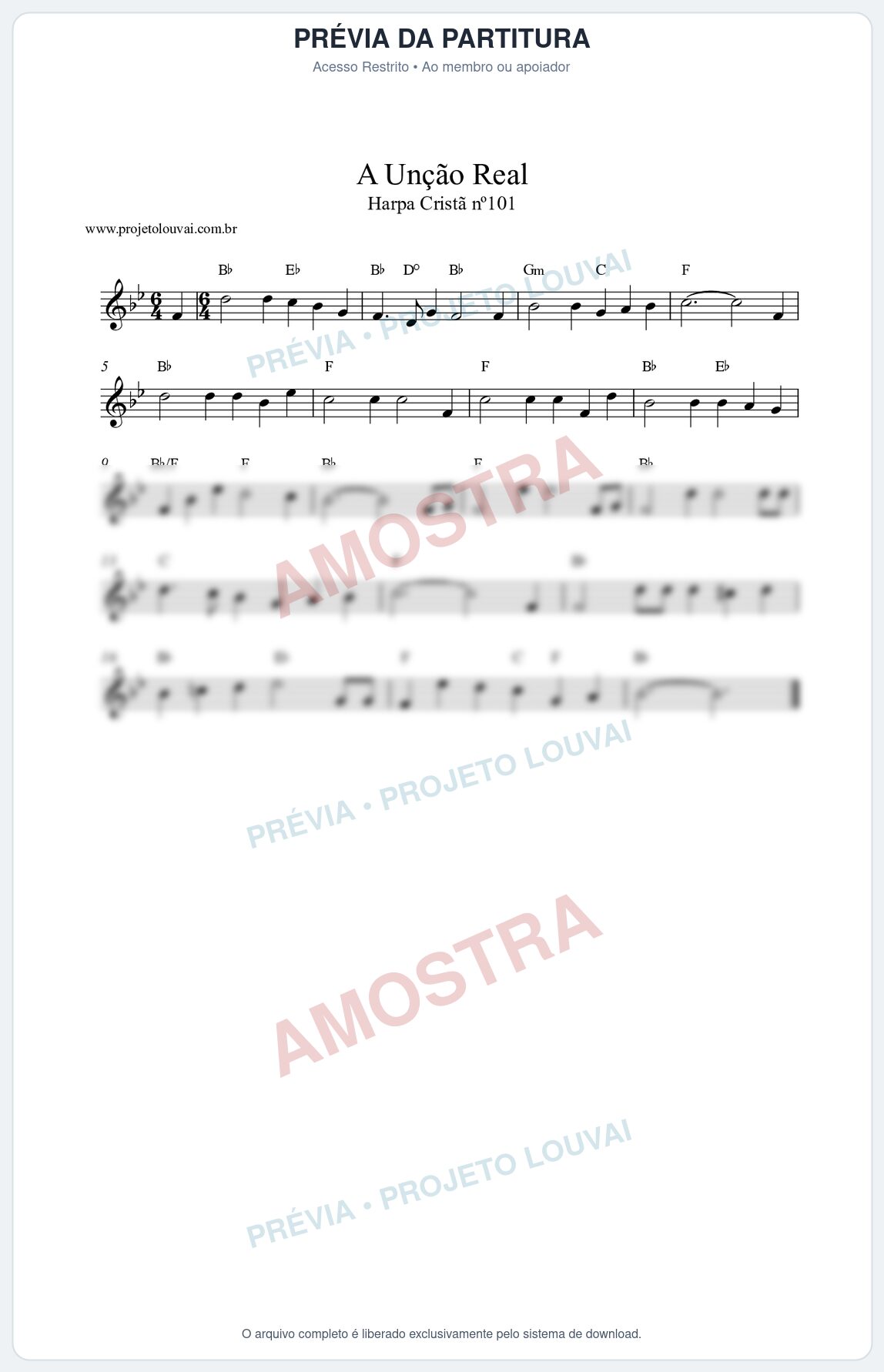 Prévia protegida da primeira página da partitura Partitura da música A Unção Real (Harpa Cristã nº101) - Harpa Cristã - Tom Bb