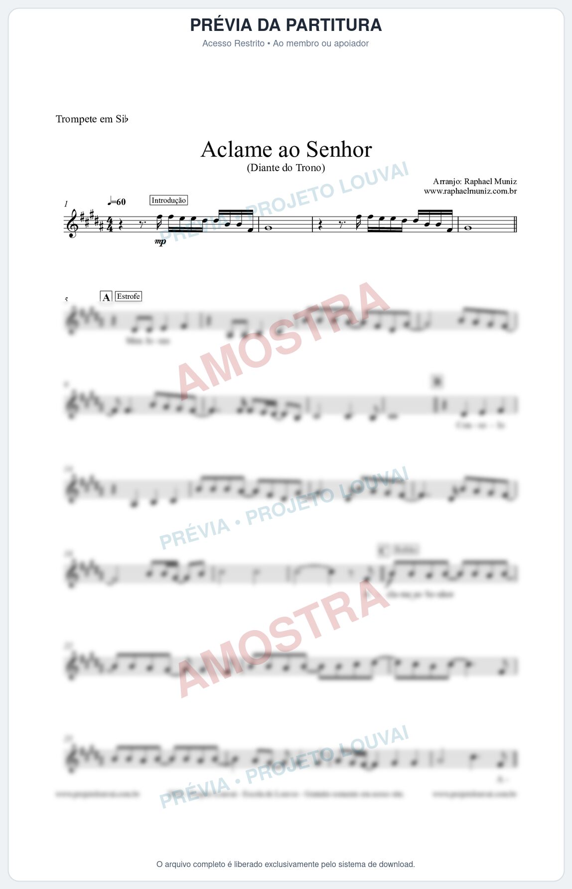 Prévia protegida da primeira página da partitura Partitura para Trompete em Bb - Aclame ao Senhor - Diante do Trono