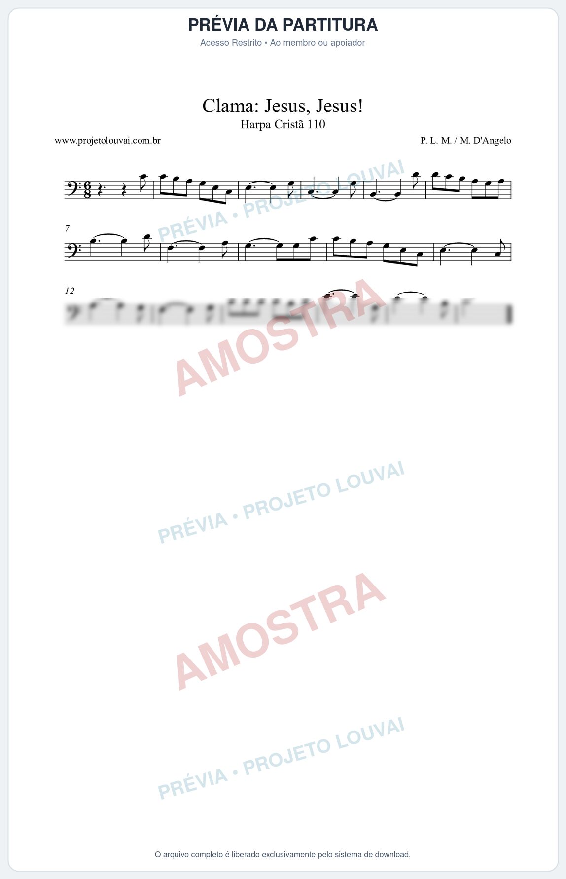 Prévia protegida da primeira página da partitura Partitura da música Clama Jesus, Jesus! (Harpa Cristã nº110) - Harpa Cristã - Tom C