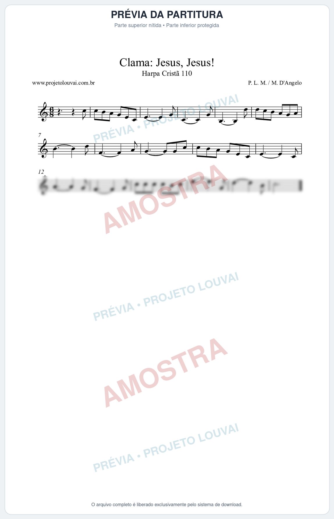 Prévia protegida da primeira página da partitura Partitura da música Clama Jesus, Jesus! (Harpa Cristã nº110) - Harpa Cristã - Tom C