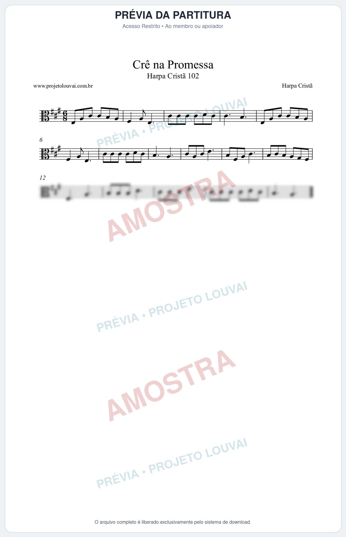 Prévia protegida da primeira página da partitura Partitura da música Crê na Promessa (Harpa Cristã nº102) - Harpa Cristã - Tom A