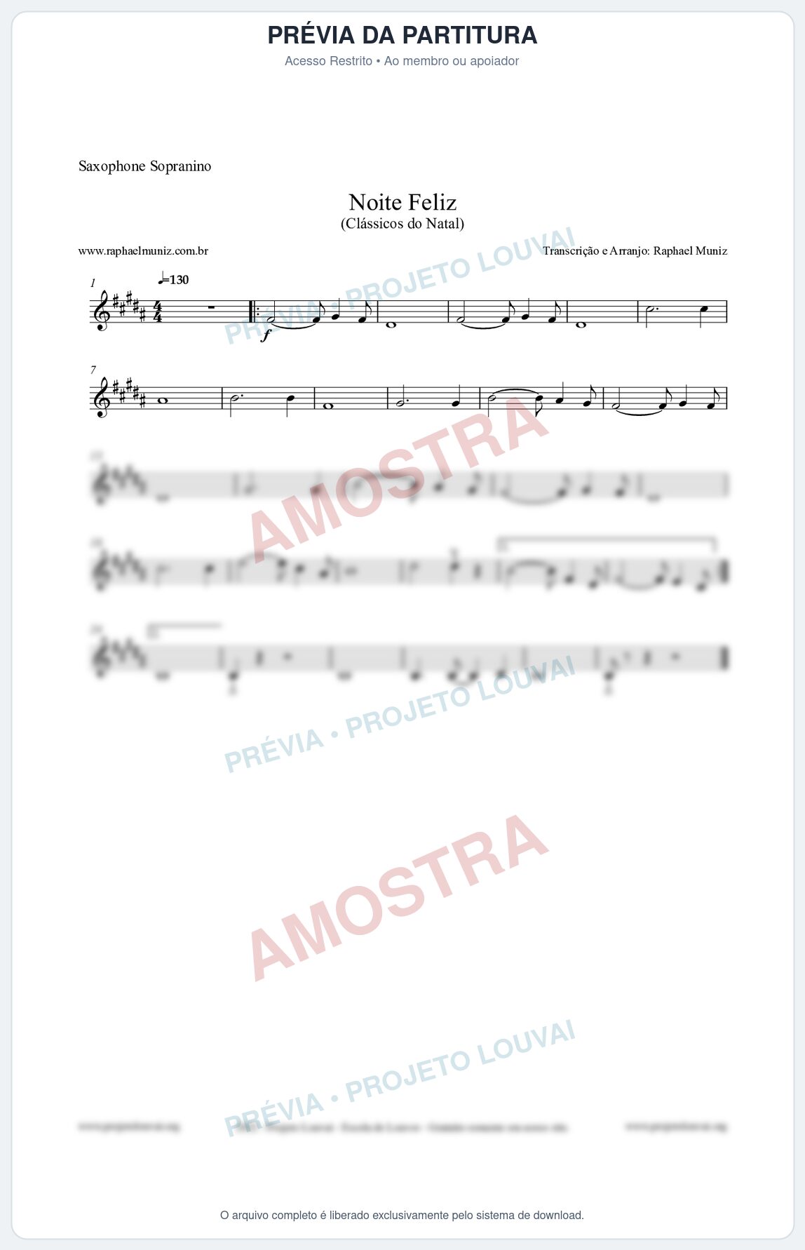 Prévia protegida da primeira página da partitura Partitura para Saxophone Sopranino - Noite Feliz (Silent Night) - Versão 2 - Músicas de Natal