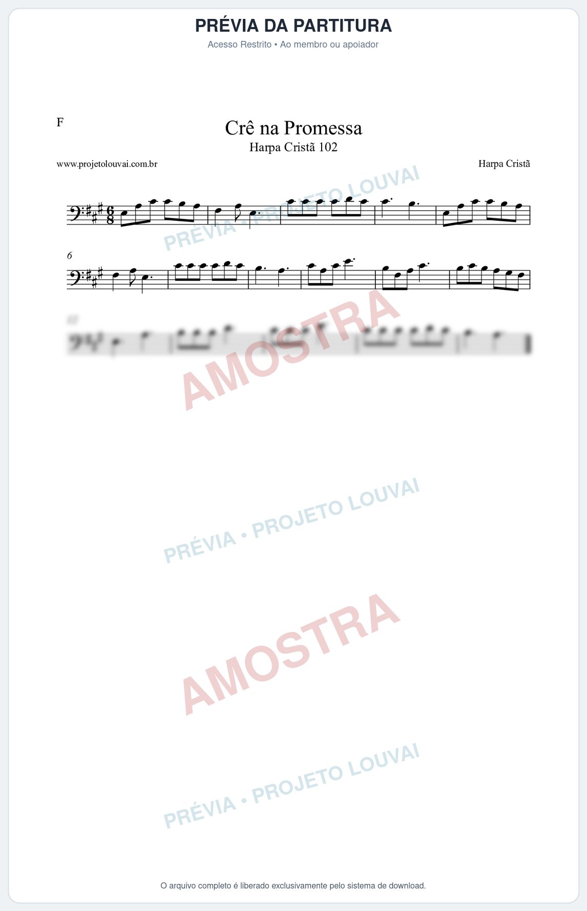 Prévia protegida da primeira página da partitura Partitura da música Crê na Promessa (Harpa Cristã nº102) - Harpa Cristã - Tom A