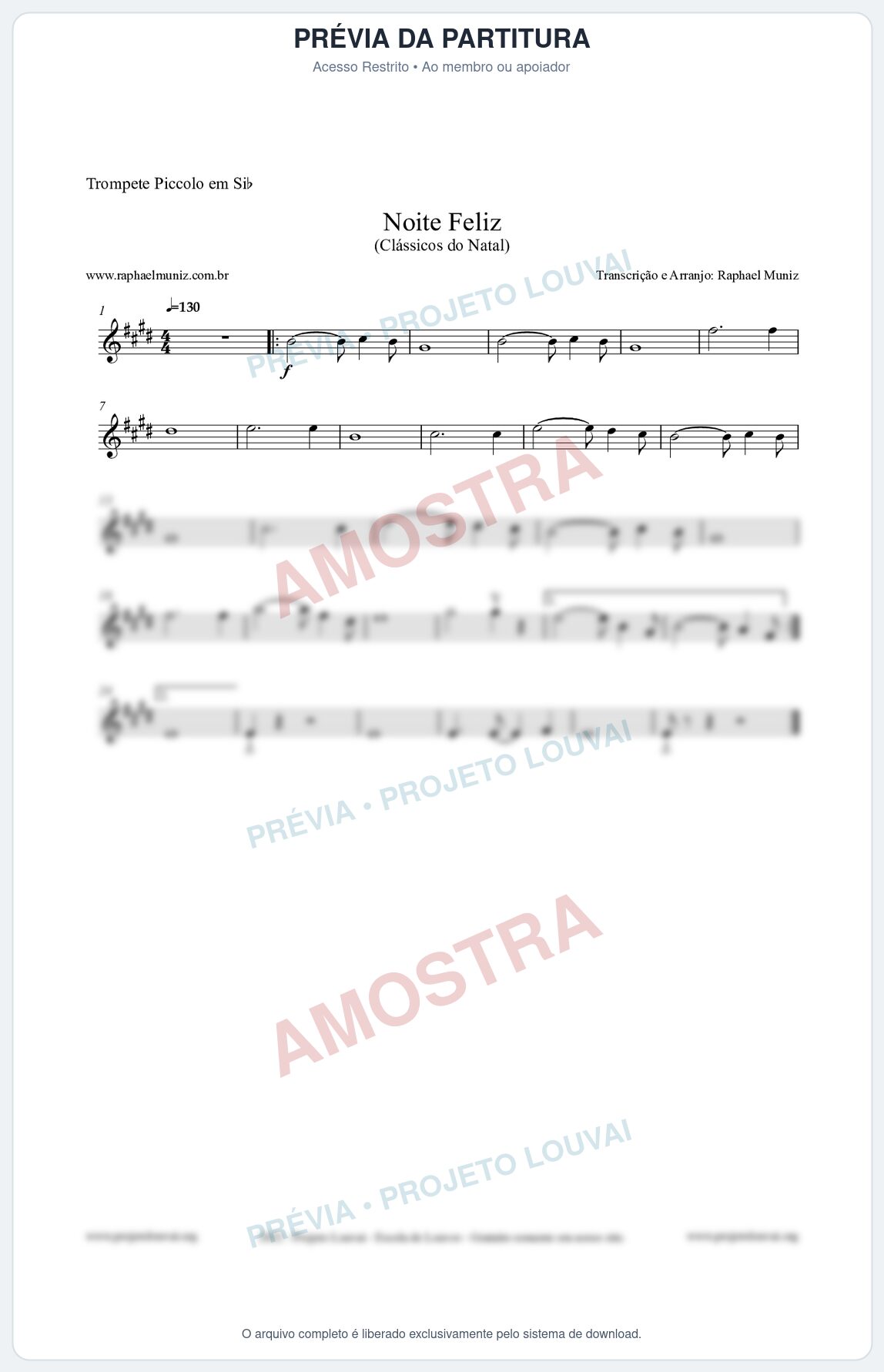 Prévia protegida da primeira página da partitura Partitura para Trompete Piccolo em Sib - Noite Feliz (Silent Night) - Versão 2 - Músicas de Natal