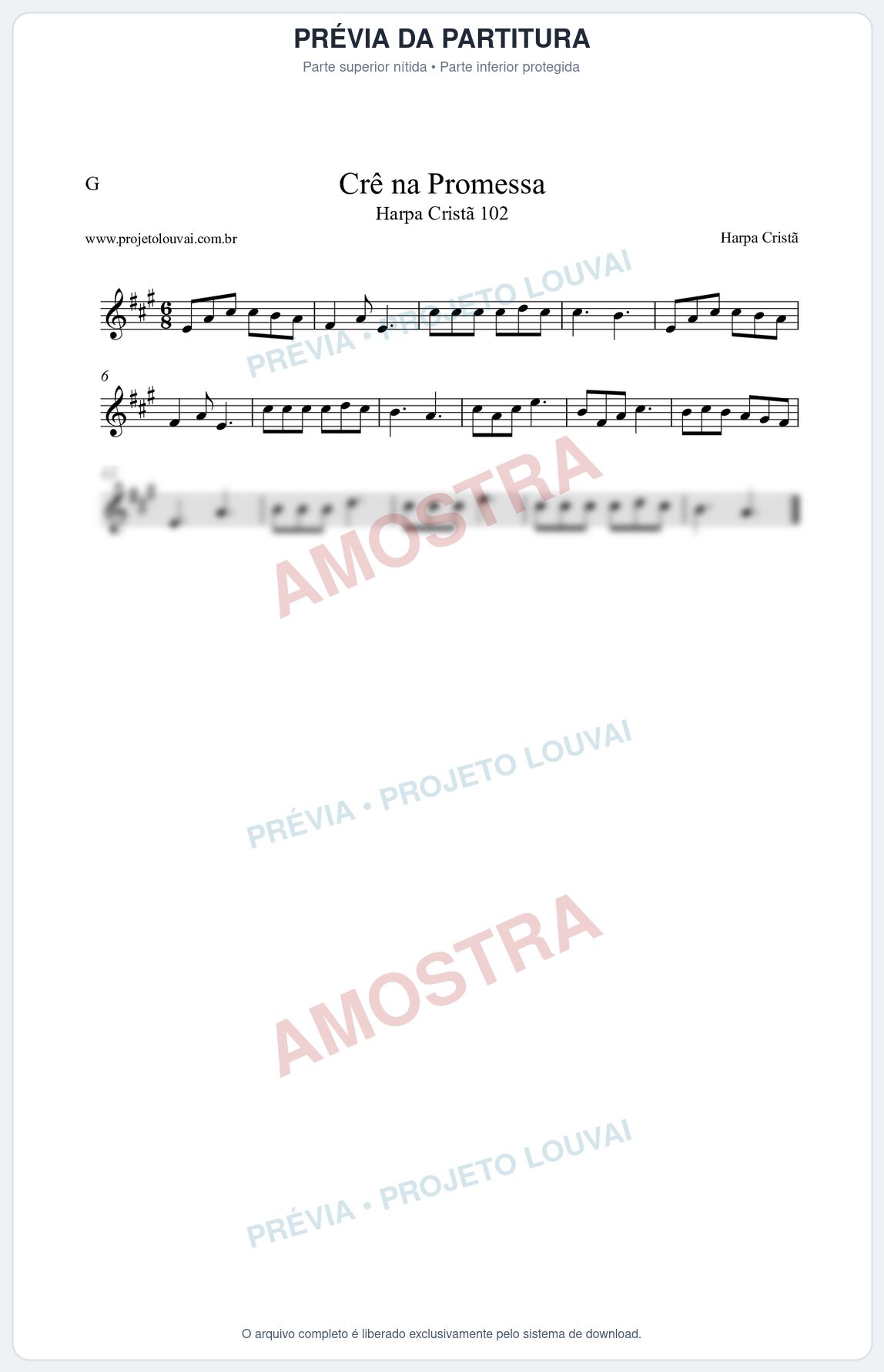 Prévia protegida da primeira página da partitura Partitura da música Crê na Promessa (Harpa Cristã nº102) - Harpa Cristã - Tom A