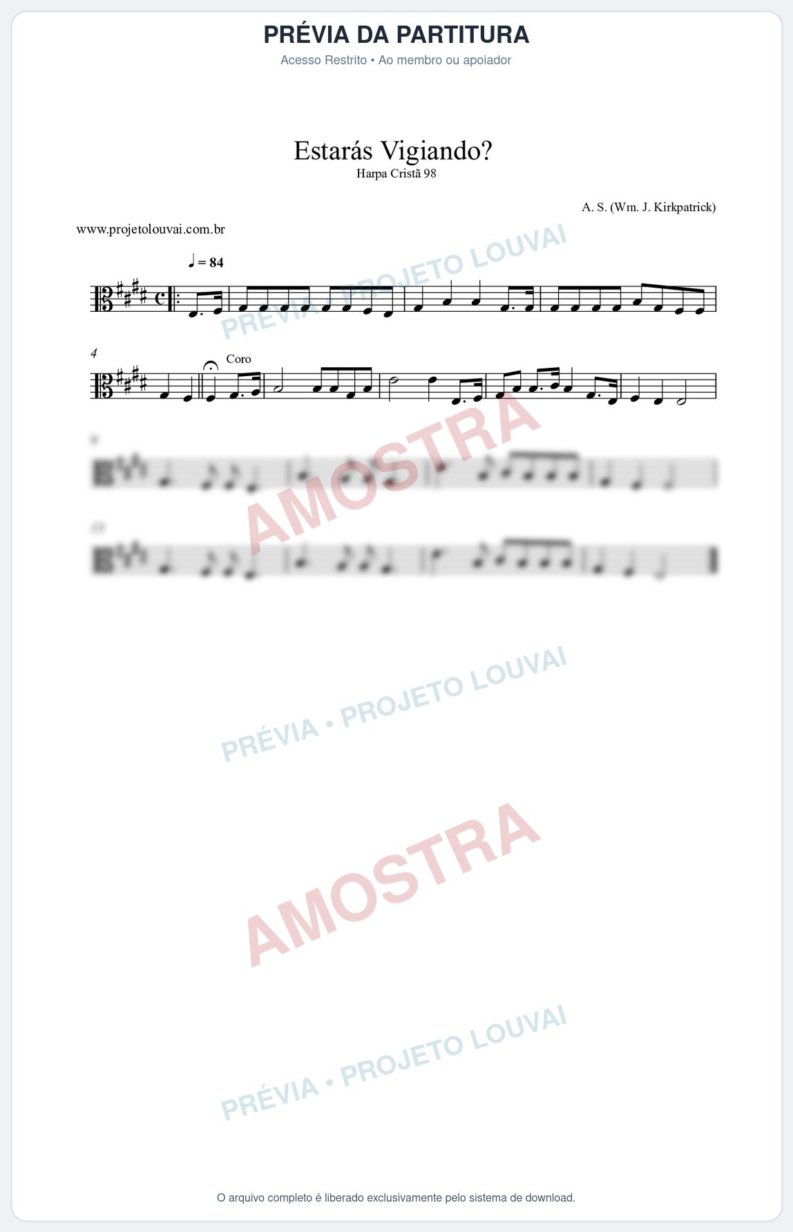 Prévia protegida da primeira página da partitura Partitura da música Estarás Vigiando (Harpa Cristã nº98) - Harpa Cristã - Tom E