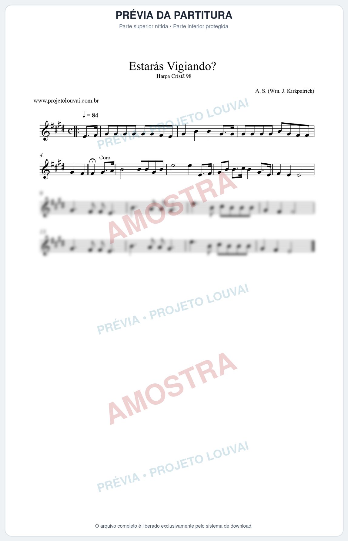 Prévia protegida da primeira página da partitura Partitura da música Estarás Vigiando (Harpa Cristã nº98) - Harpa Cristã - Tom E