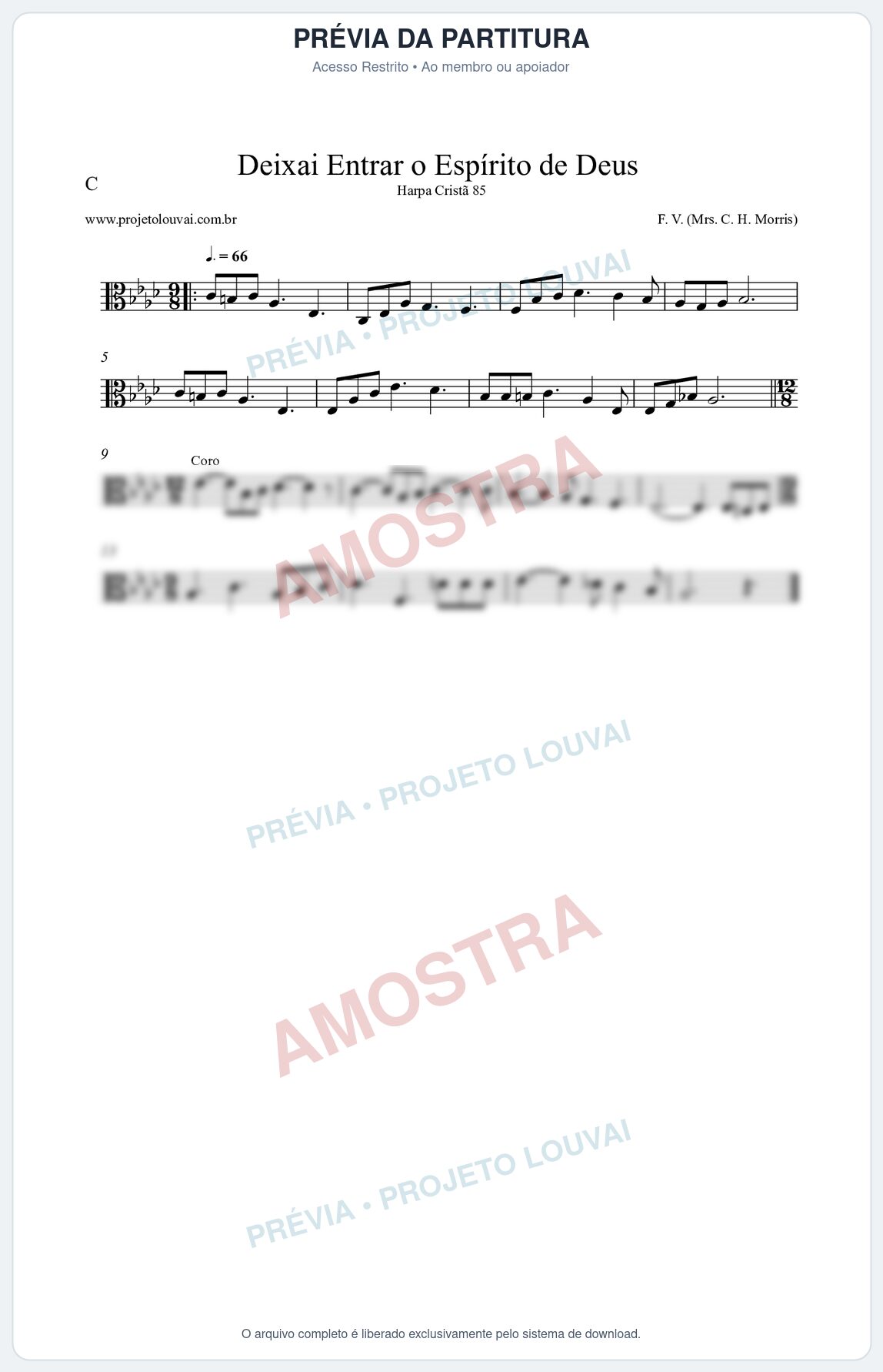 Prévia protegida da primeira página da partitura Partitura da música Deixai Entrar o Espírito de Deus (Harpa Cristã nº85) - Harpa Cristã - Tom Ab