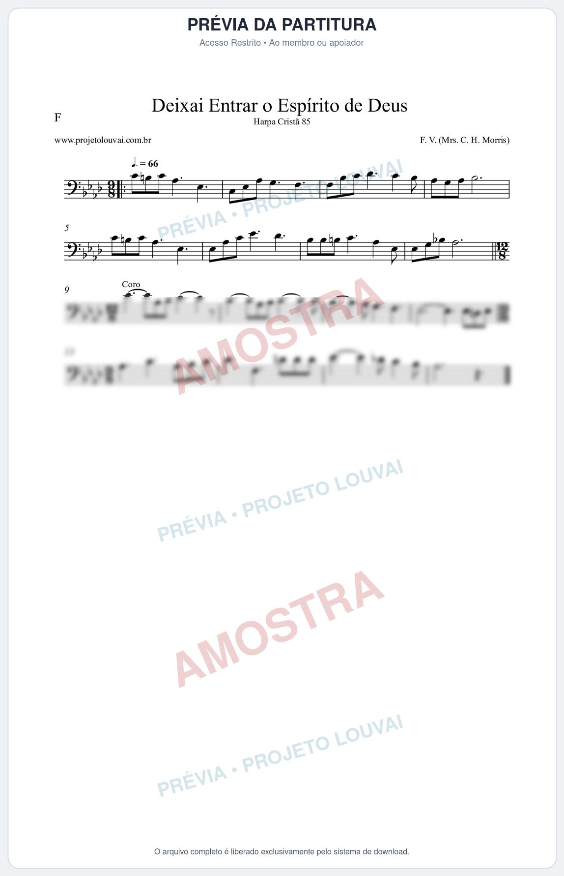 Prévia protegida da primeira página da partitura Partitura da música Deixai Entrar o Espírito de Deus (Harpa Cristã nº85) - Harpa Cristã - Tom Ab