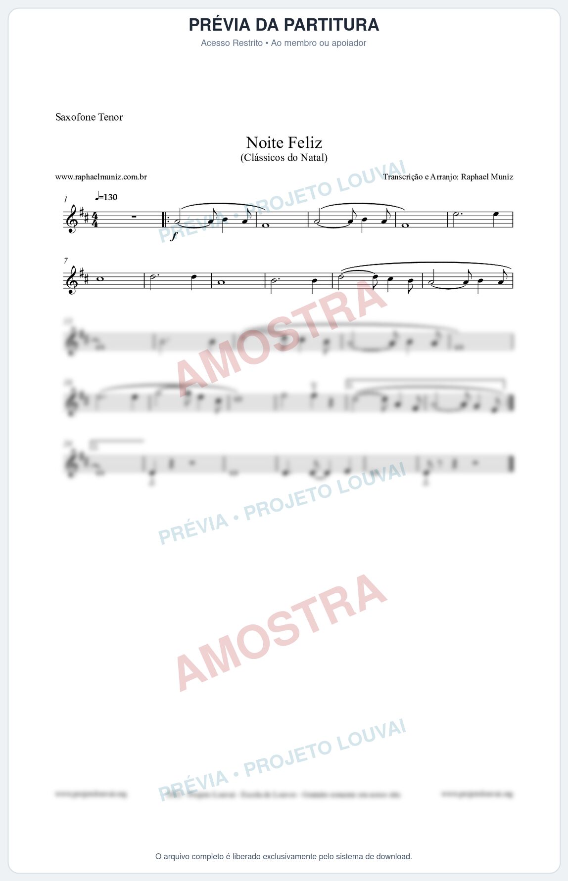 Prévia protegida da primeira página da partitura Partitura para Saxofone Tenor - Noite Feliz (Silent Night) - Versão 2 - Músicas de Natal