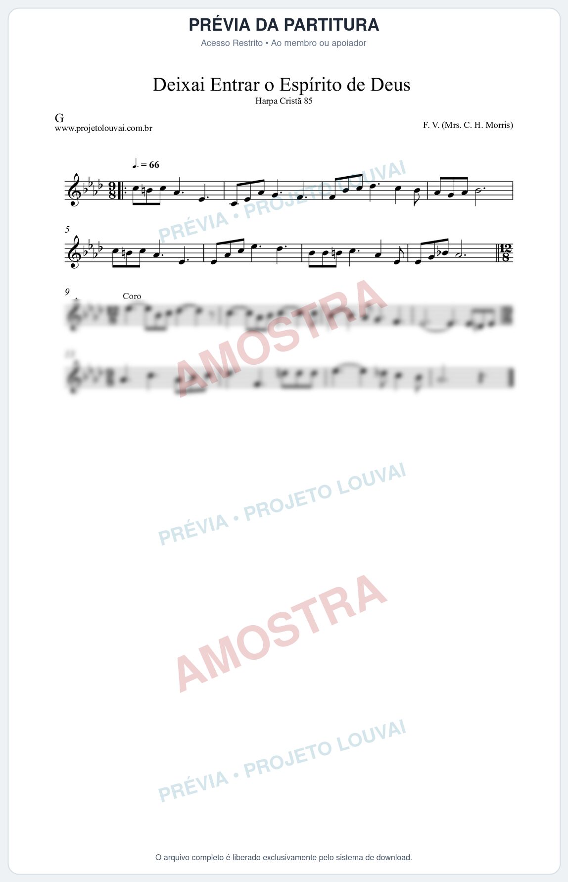 Prévia protegida da primeira página da partitura Partitura da música Deixai Entrar o Espírito de Deus (Harpa Cristã nº85) - Harpa Cristã - Tom Ab