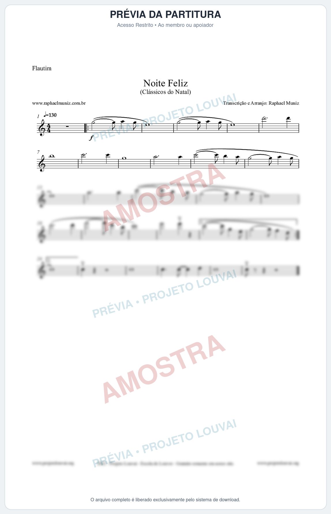 Prévia protegida da primeira página da partitura Partitura para Flautim - Noite Feliz (Silent Night) - Versão 2 - Músicas de Natal