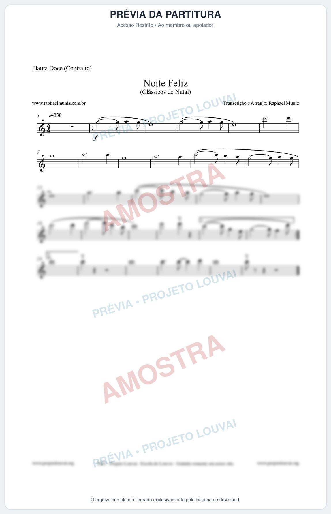 Prévia protegida da primeira página da partitura Partitura para Flauta Doce (Contralto) - Noite Feliz (Silent Night) - Versão 2 - Músicas de Natal