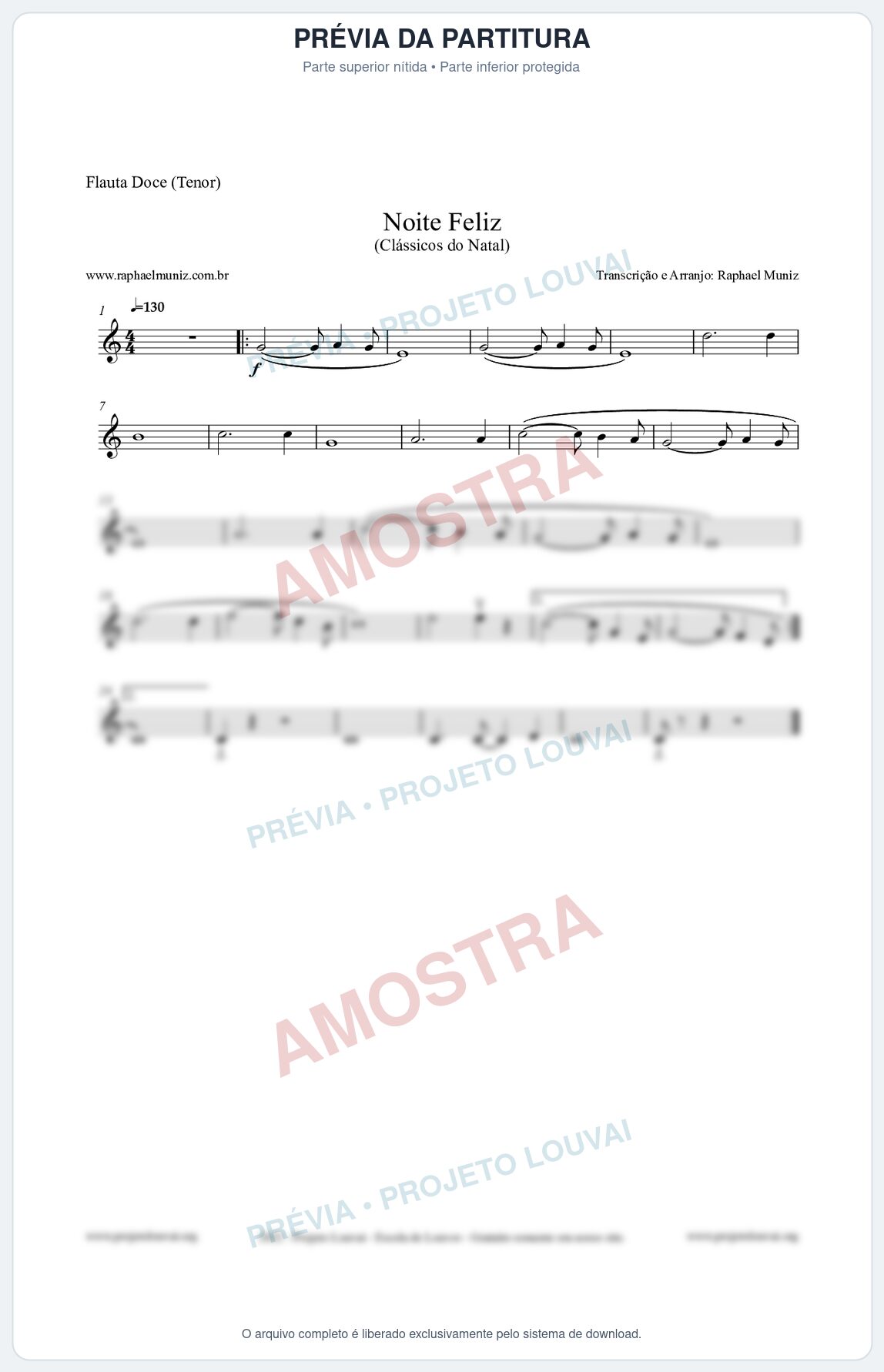 Prévia protegida da primeira página da partitura Partitura para Flauta Doce (Tenor) - Noite Feliz (Silent Night) - Versão 2 - Músicas de Natal