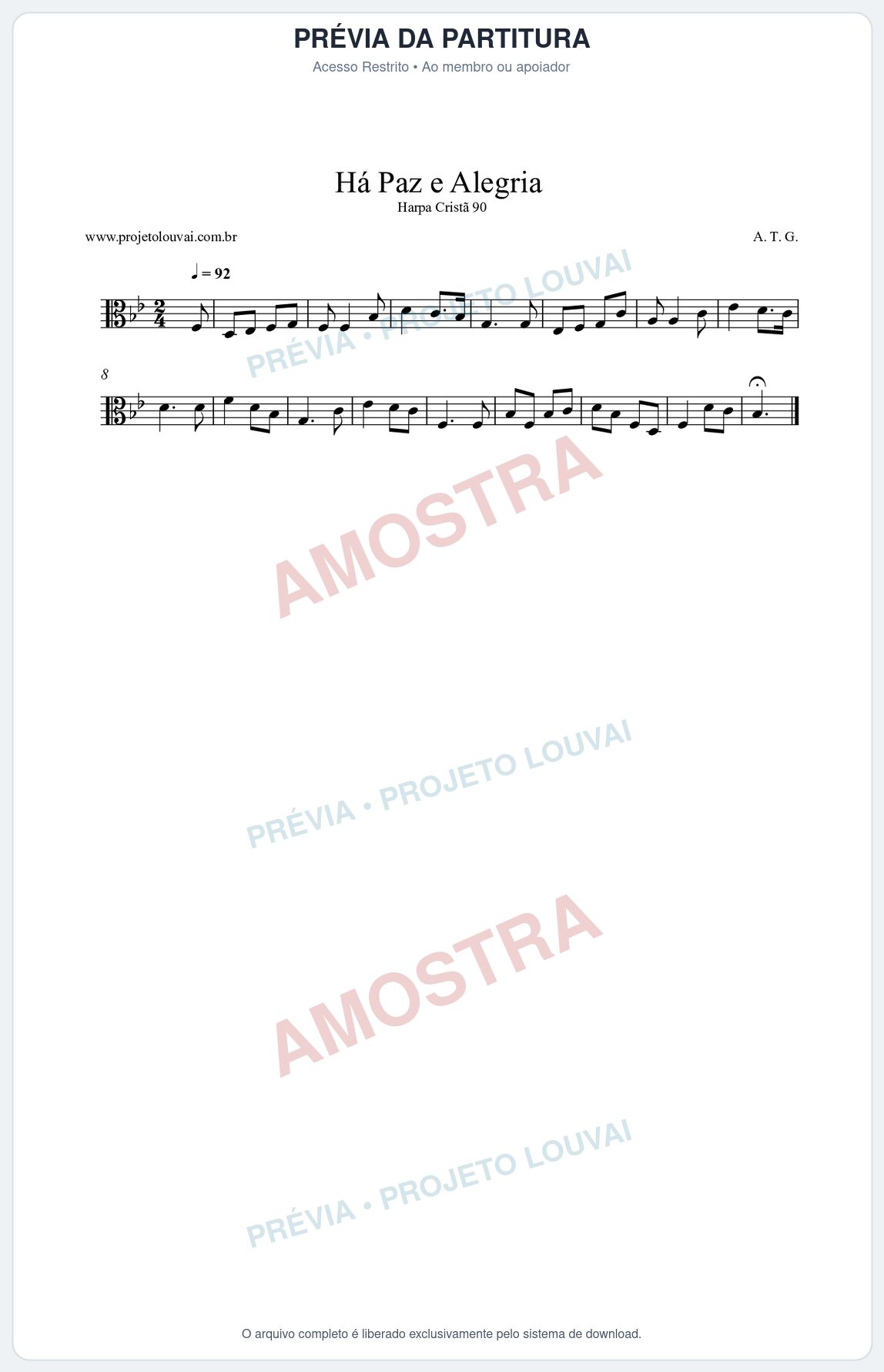 Prévia protegida da primeira página da partitura Partitura da música Há Paz e Alegria (Harpa Cristã nº90) - Harpa Cristã - Tom Bb
