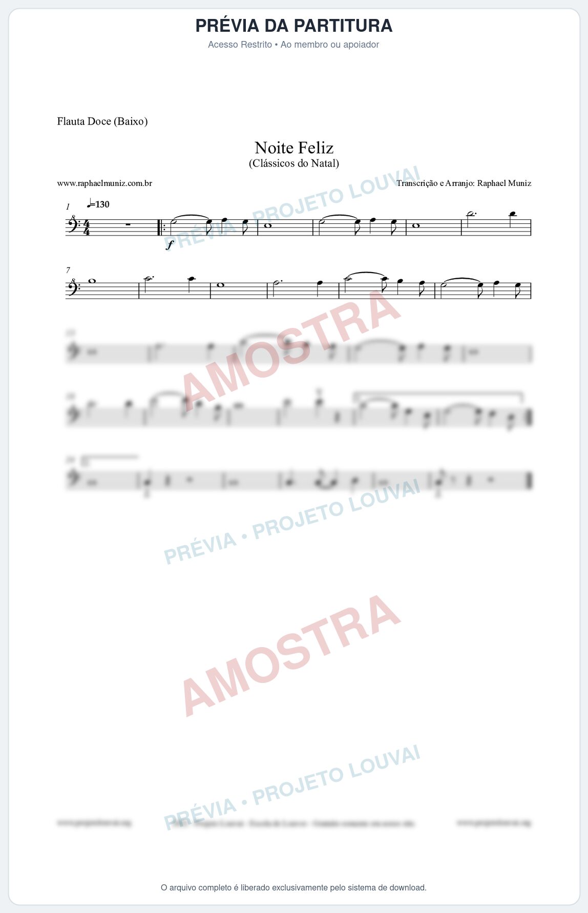 Prévia protegida da primeira página da partitura Partitura para Flauta Doce (Baixo) - Noite Feliz (Silent Night) - Versão 2 - Músicas de Natal