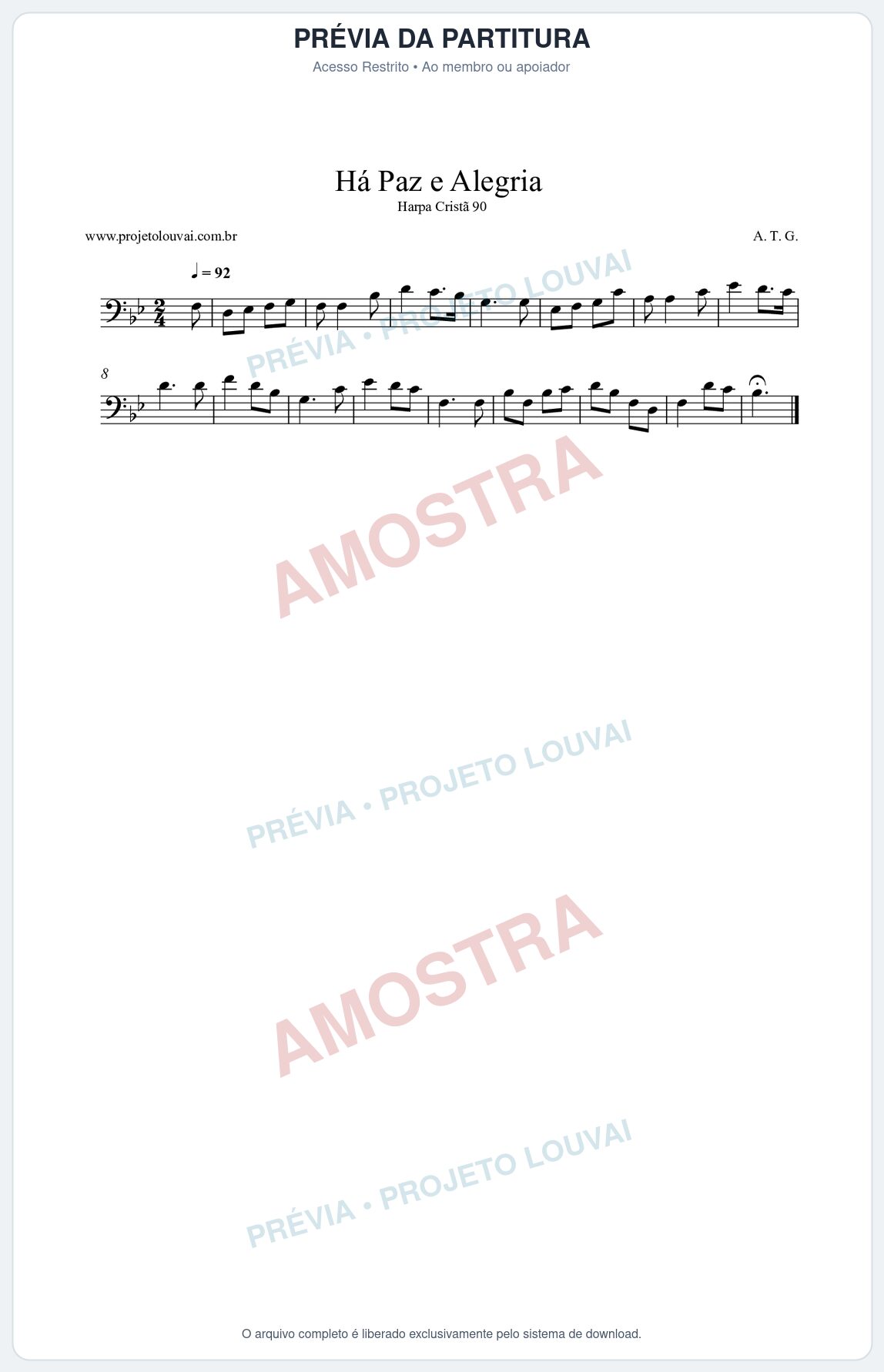 Prévia protegida da primeira página da partitura Partitura da música Há Paz e Alegria (Harpa Cristã nº90) - Harpa Cristã - Tom Bb