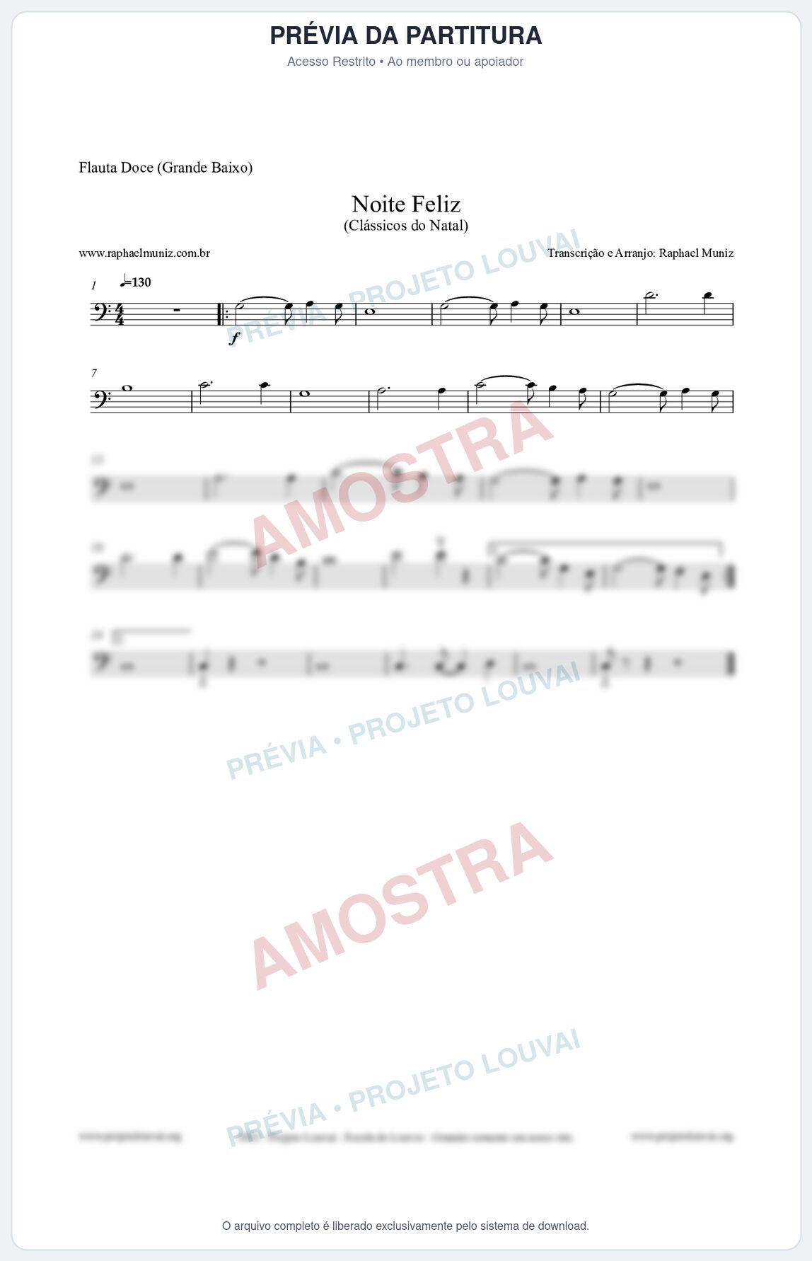 Prévia protegida da primeira página da partitura Partitura para Flauta Doce (Grande Baixo) - Noite Feliz (Silent Night) - Versão 2 - Músicas de Natal