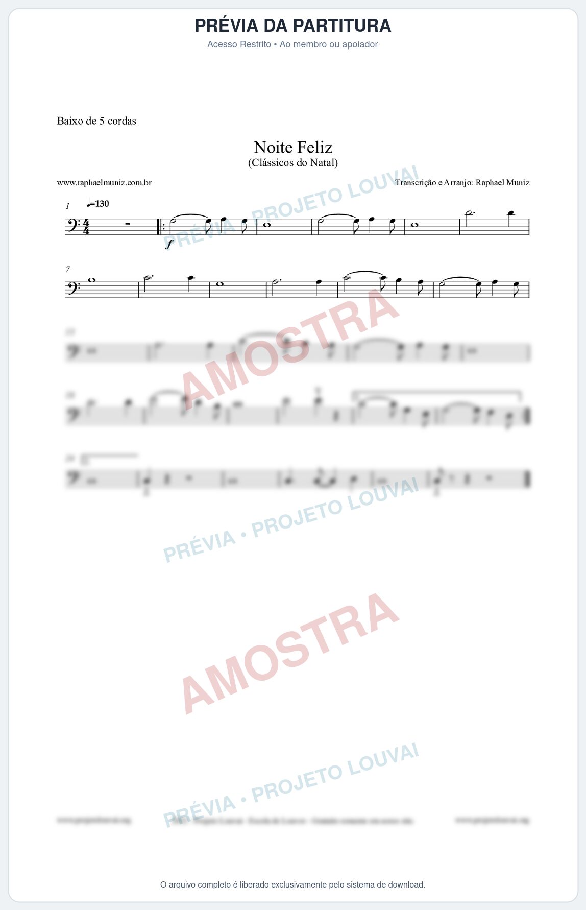 Prévia protegida da primeira página da partitura Partitura para Baixo de 5 cordas - Noite Feliz (Silent Night) - Versão 2 - Músicas de Natal