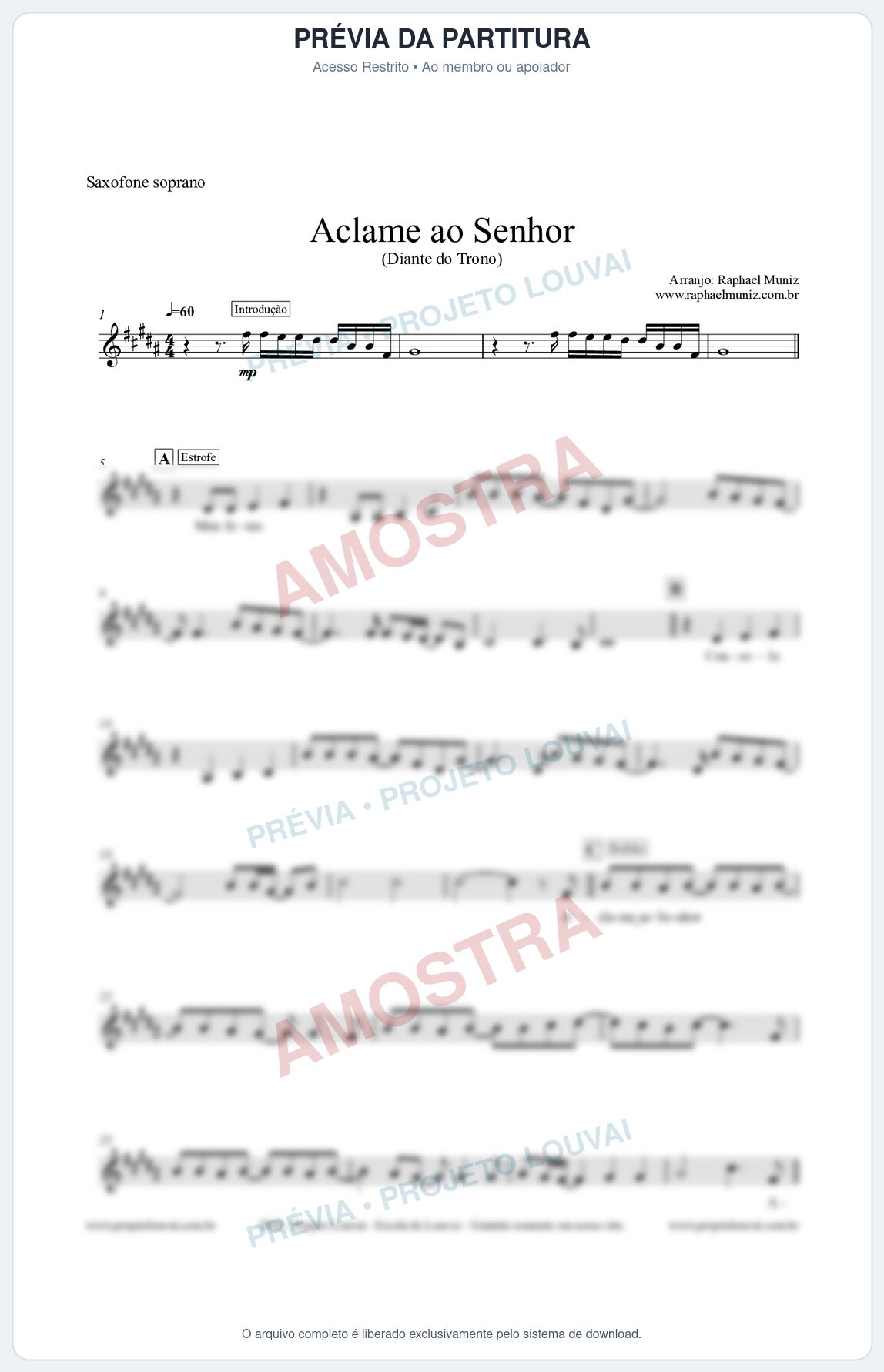 Prévia protegida da primeira página da partitura Partitura para Saxofone Soprano - Aclame ao Senhor - Diante do Trono