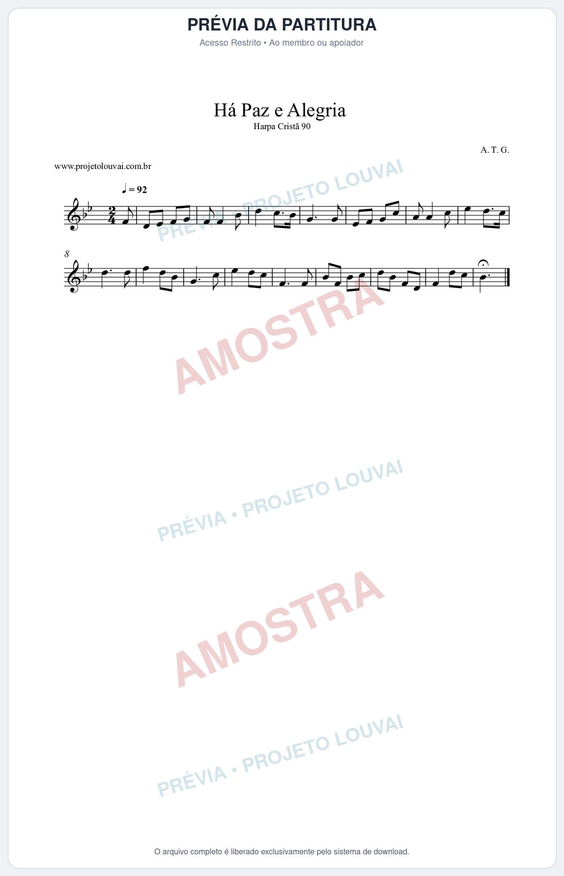 Prévia protegida da primeira página da partitura Partitura da música Há Paz e Alegria (Harpa Cristã nº90) - Harpa Cristã - Tom Bb