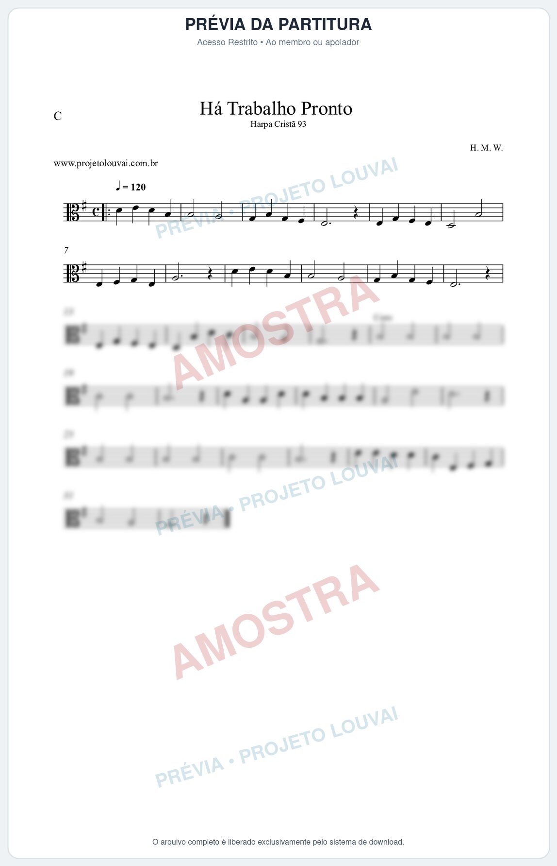 Prévia protegida da primeira página da partitura Partitura da música Há Trabalho Pronto (Harpa Cristã nº93) - Harpa Cristã - Tom G