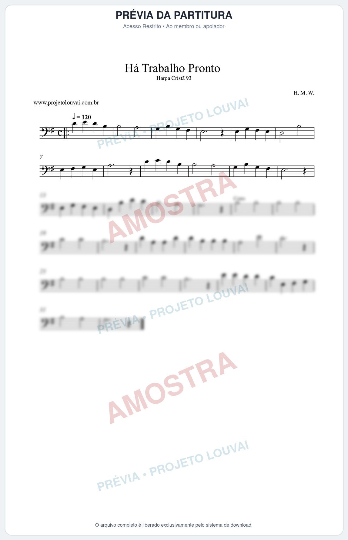 Prévia protegida da primeira página da partitura Partitura da música Há Trabalho Pronto (Harpa Cristã nº93) - Harpa Cristã - Tom G