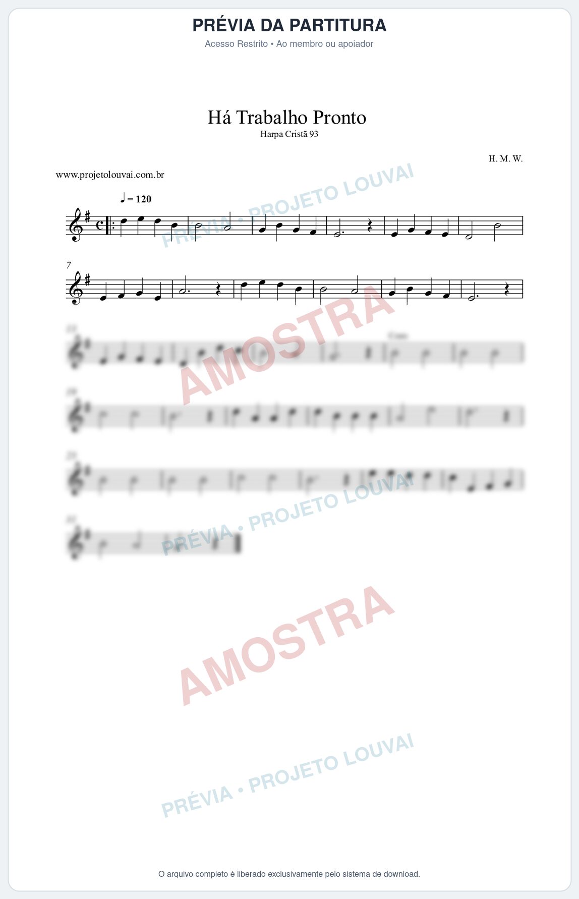 Prévia protegida da primeira página da partitura Partitura da música Há Trabalho Pronto (Harpa Cristã nº93) - Harpa Cristã - Tom G