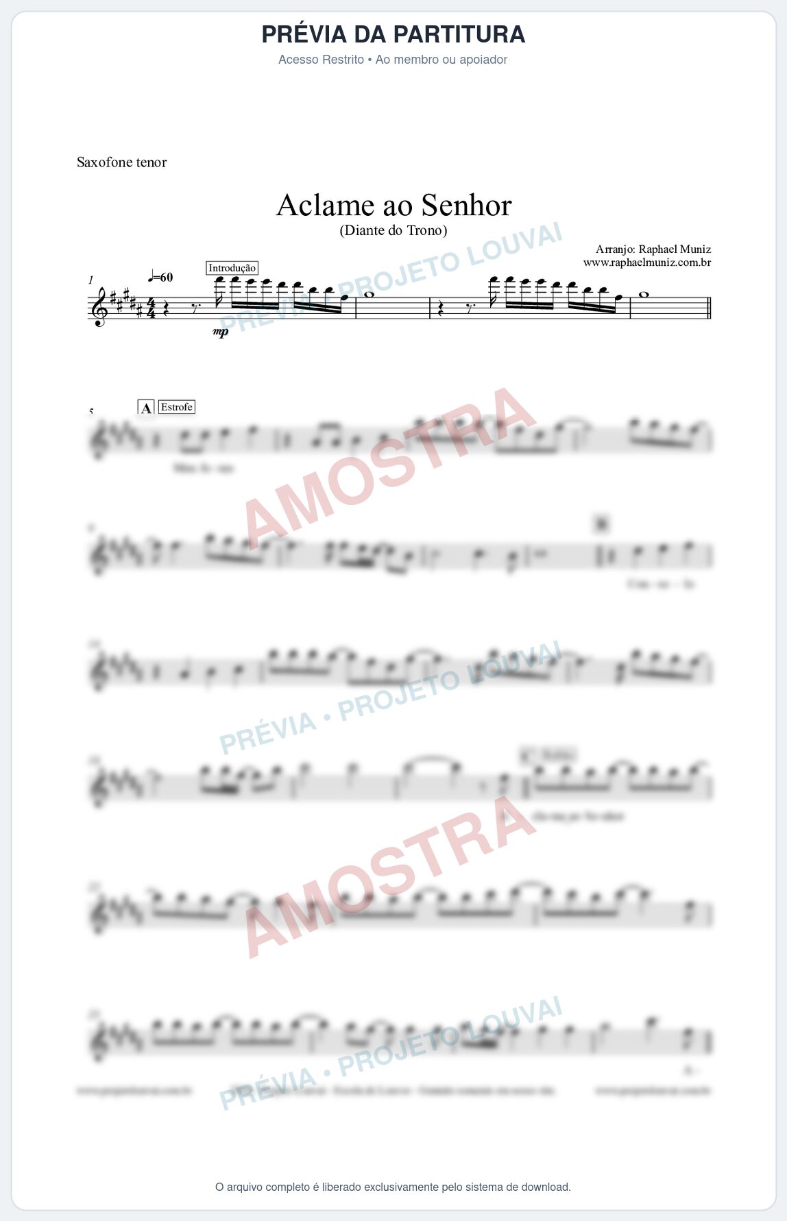 Prévia protegida da primeira página da partitura Partitura para Saxofone Tenor - Aclame ao Senhor - Diante do Trono