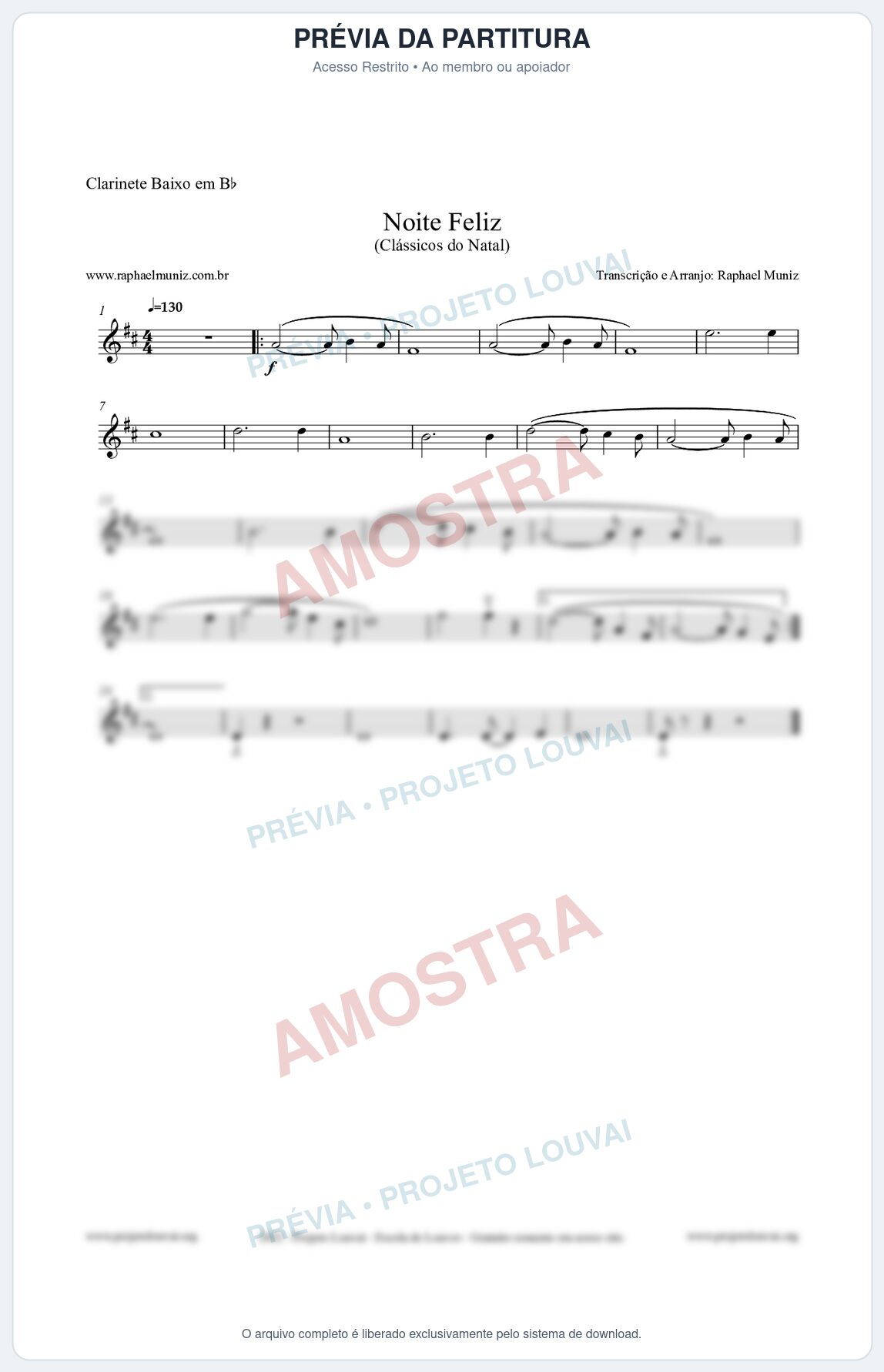 Prévia protegida da primeira página da partitura Partitura para Clarinete Baixo em Bb - Noite Feliz (Silent Night) - Versão 2 - Músicas de Natal