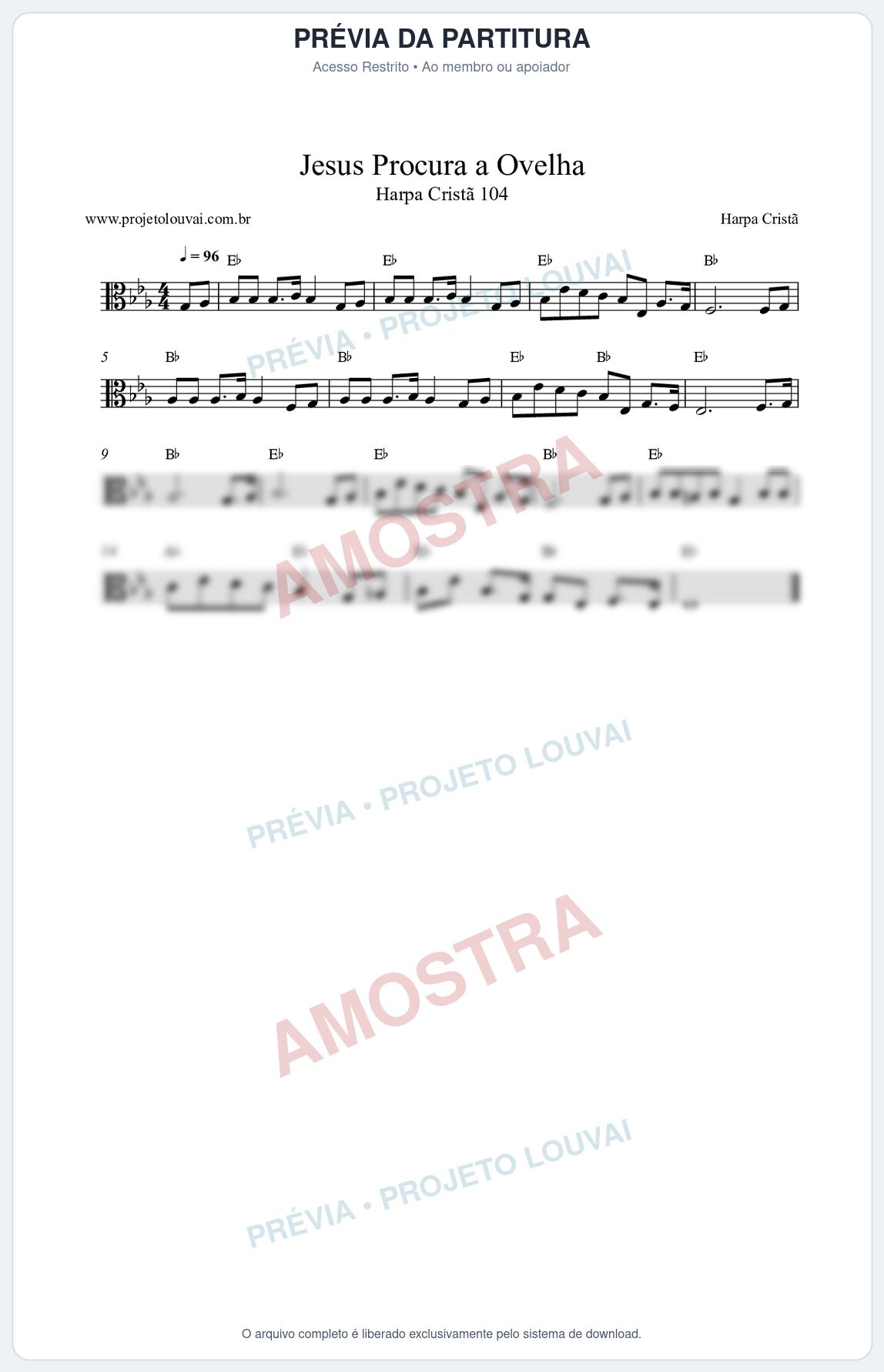 Prévia protegida da primeira página da partitura Partitura da música Jesus Procura a Ovelha (Harpa Cristã nº104) - Harpa Cristã - Tom Eb