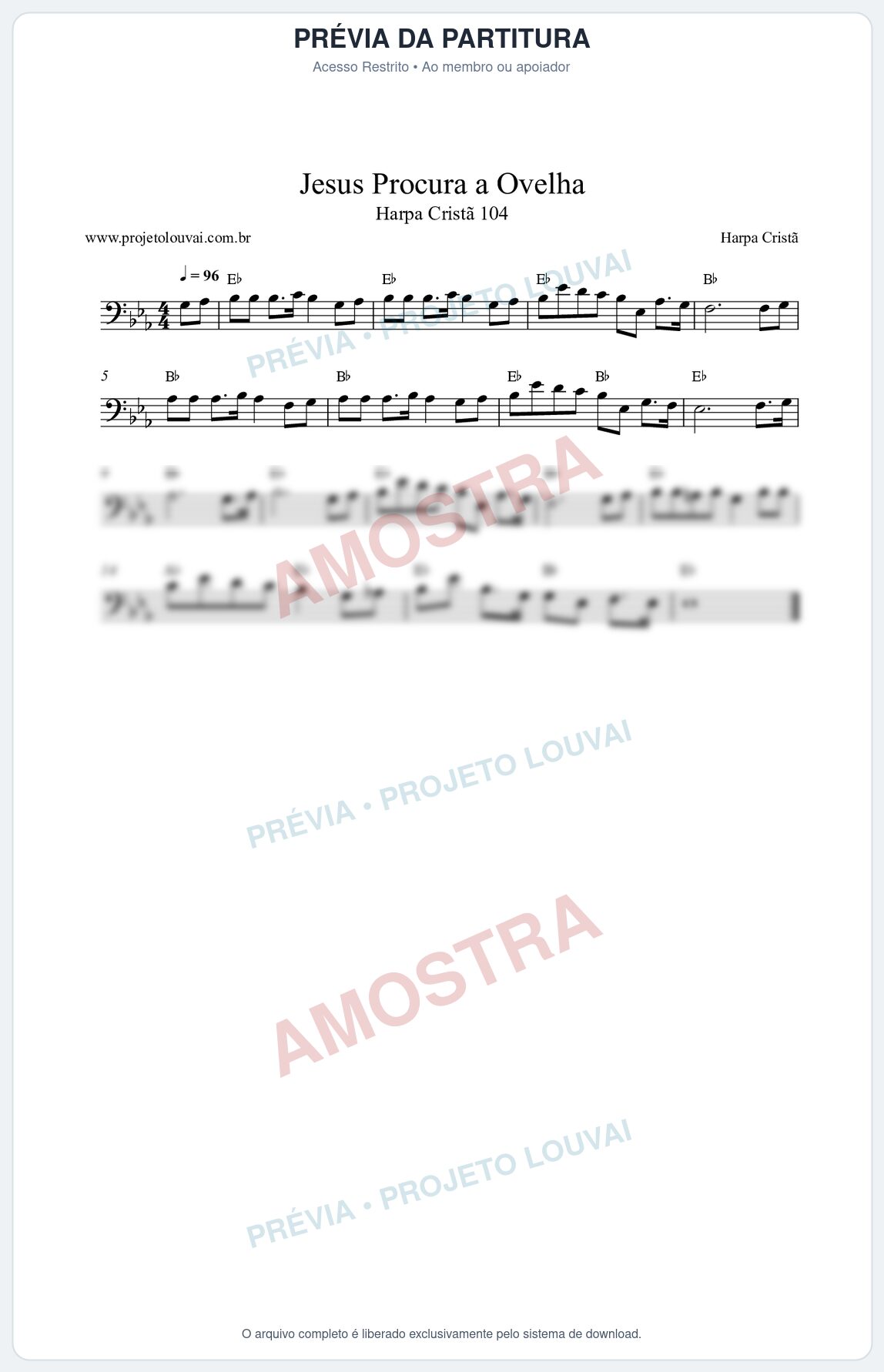 Prévia protegida da primeira página da partitura Partitura da música Jesus Procura a Ovelha (Harpa Cristã nº104) - Harpa Cristã - Tom Eb