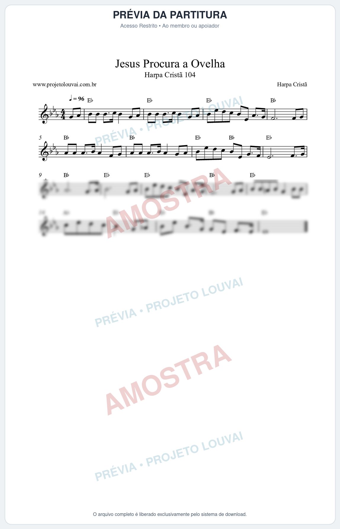 Prévia protegida da primeira página da partitura Partitura da música Jesus Procura a Ovelha (Harpa Cristã nº104) - Harpa Cristã - Tom Eb